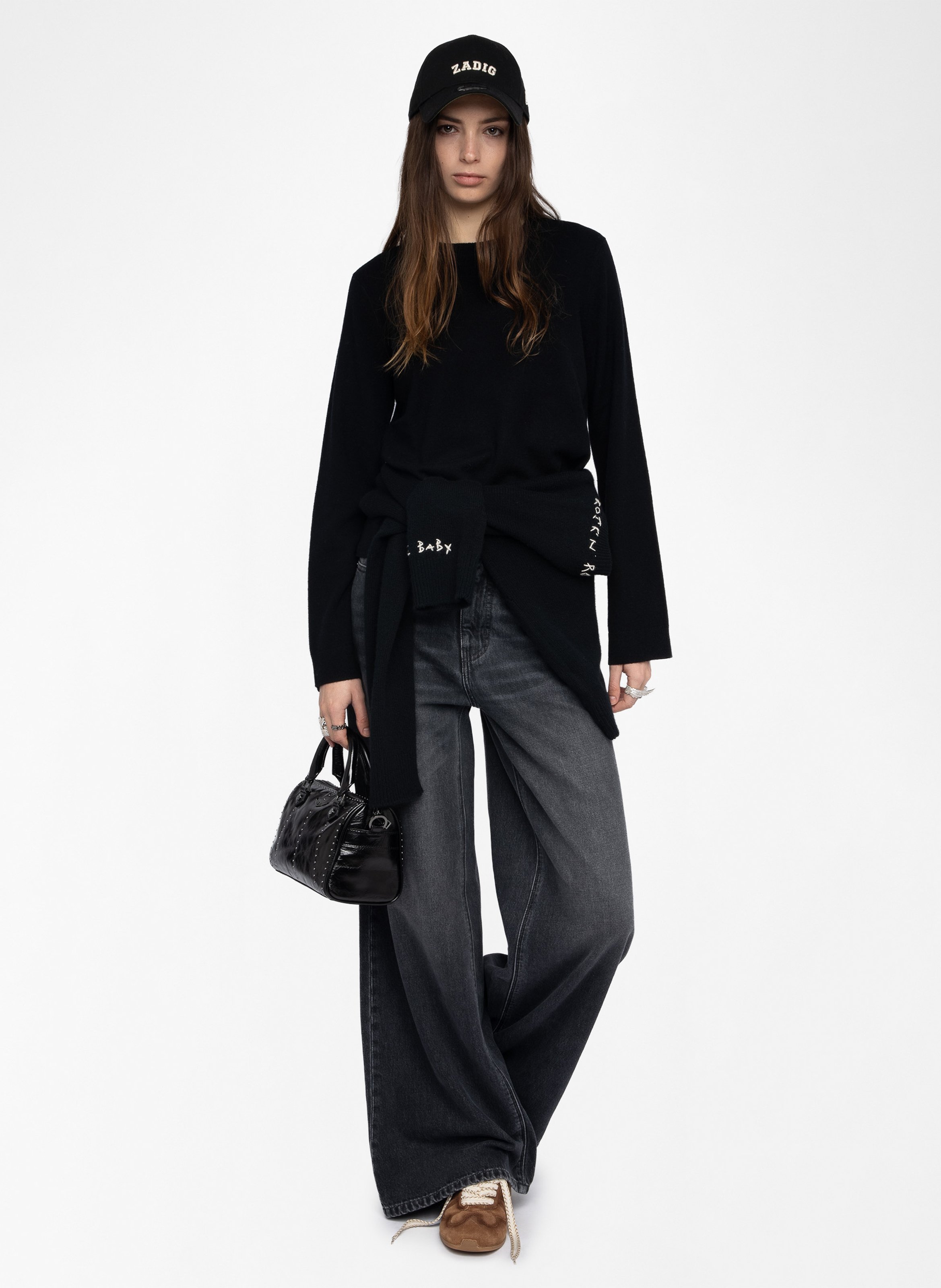 Pull col rond avec patchs en cuir cara ZADIG&VOLTAIRE Noir