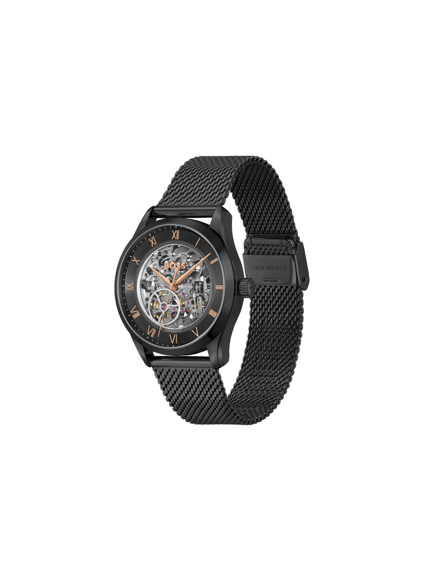 Montre automatique Principle Skeleton en acier inoxydable BOSS MONTRES Noir