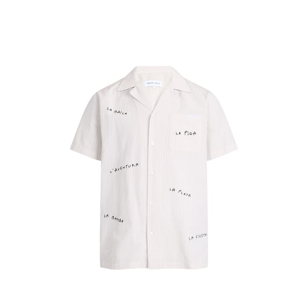 Chemise droite col cubain brodée en coton et lin Chemise droite col cubain brodée en coton et lin