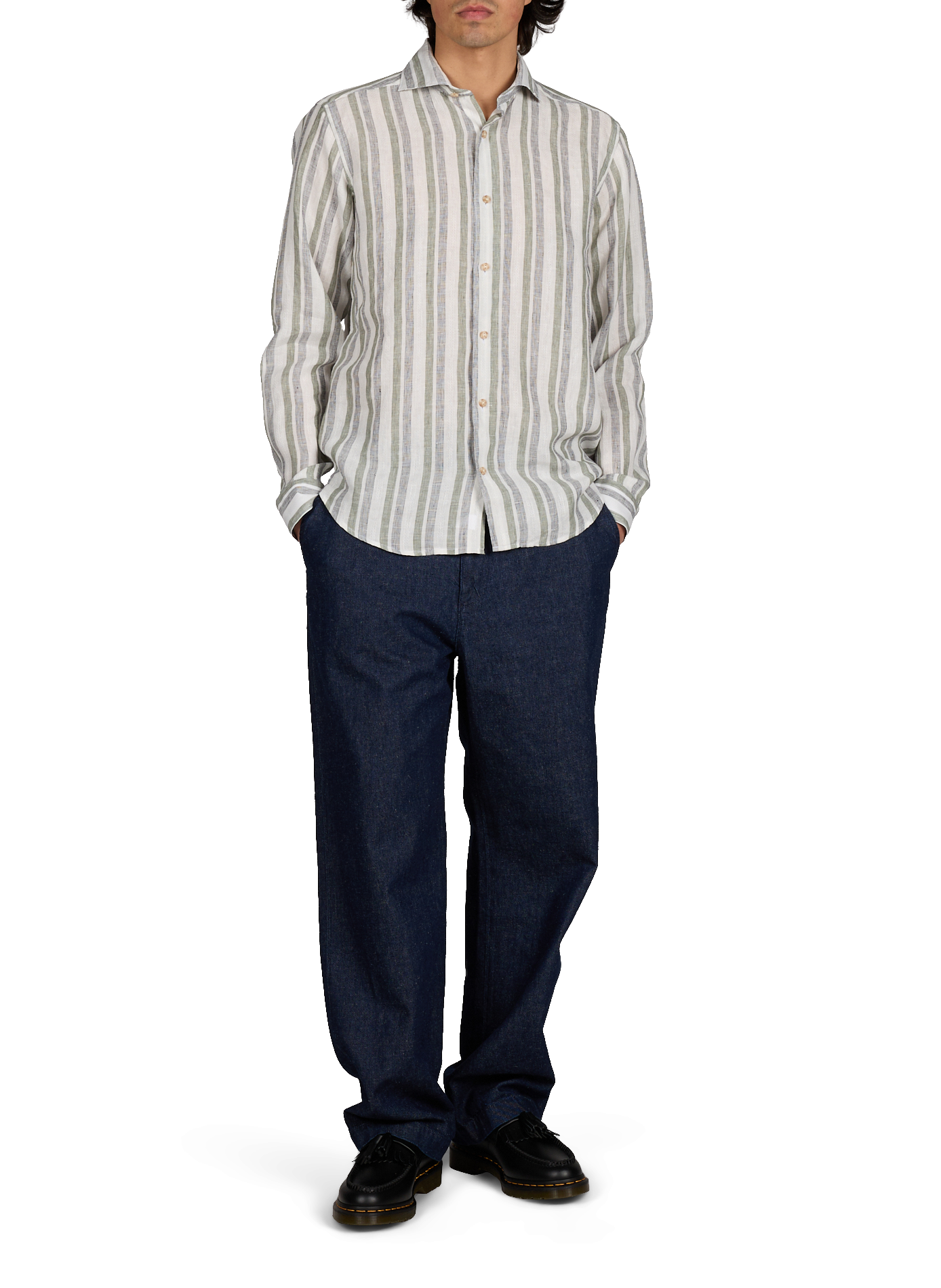 Chemise droite rayée en lin ETON Kaki