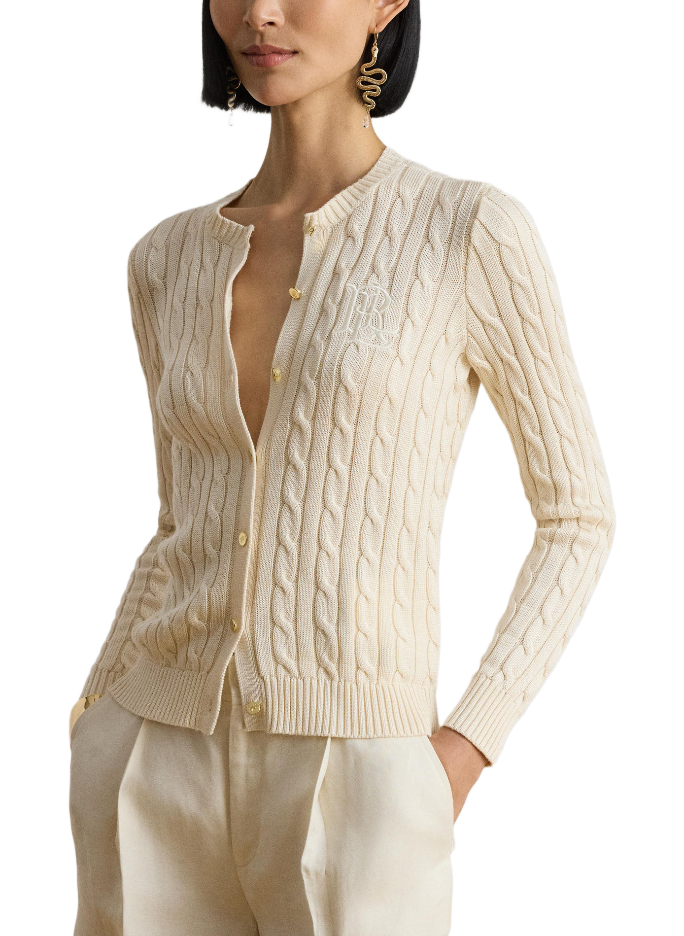 Cardigan with embroidered logo in twisted knit cotton. LAUREN Beige