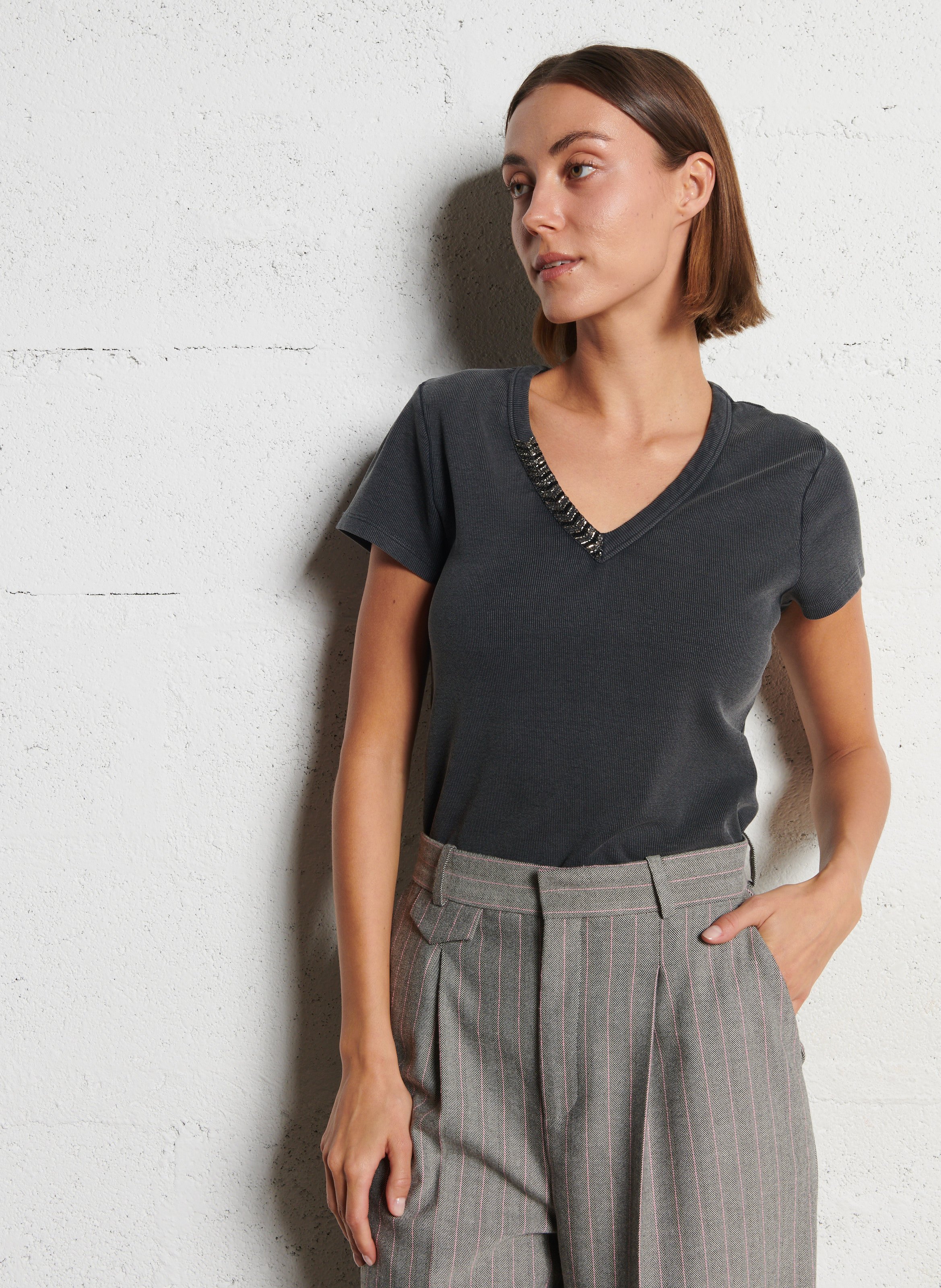 Tee-shirt col v en coton mélangé IKKS Gris