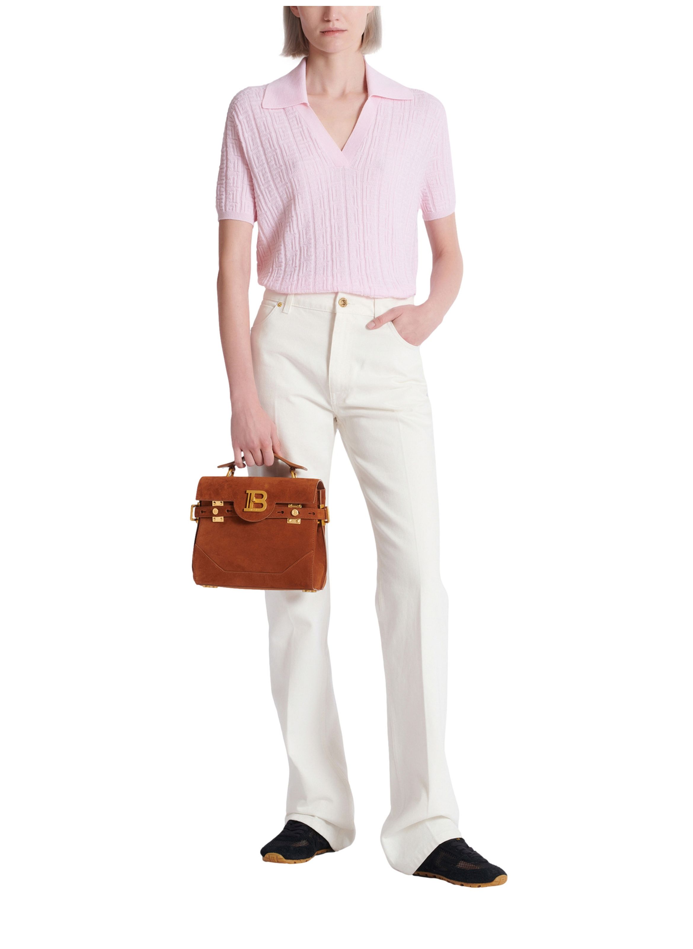 Polo en maille monogramme BALMAIN Rose