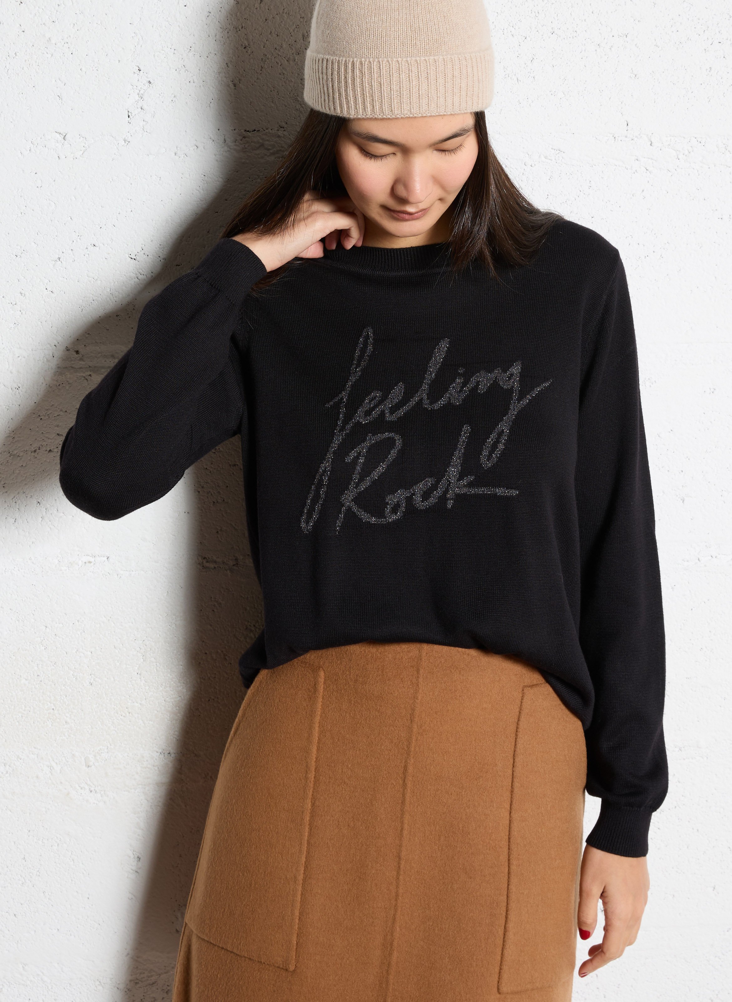 Pull ample col rond broderie métallisée IKKS Noir