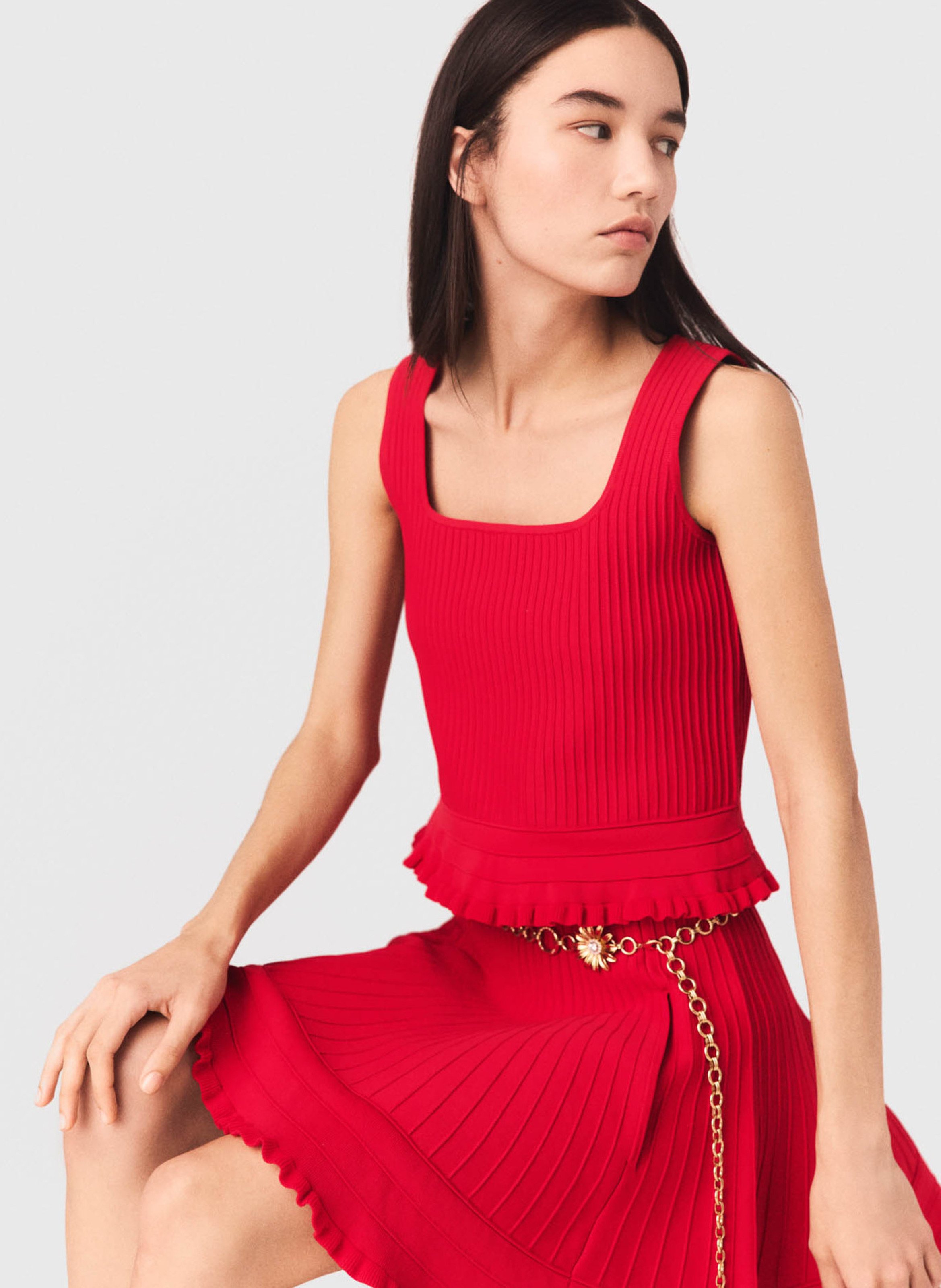 Top droit côtelé col carré MAJE Rouge