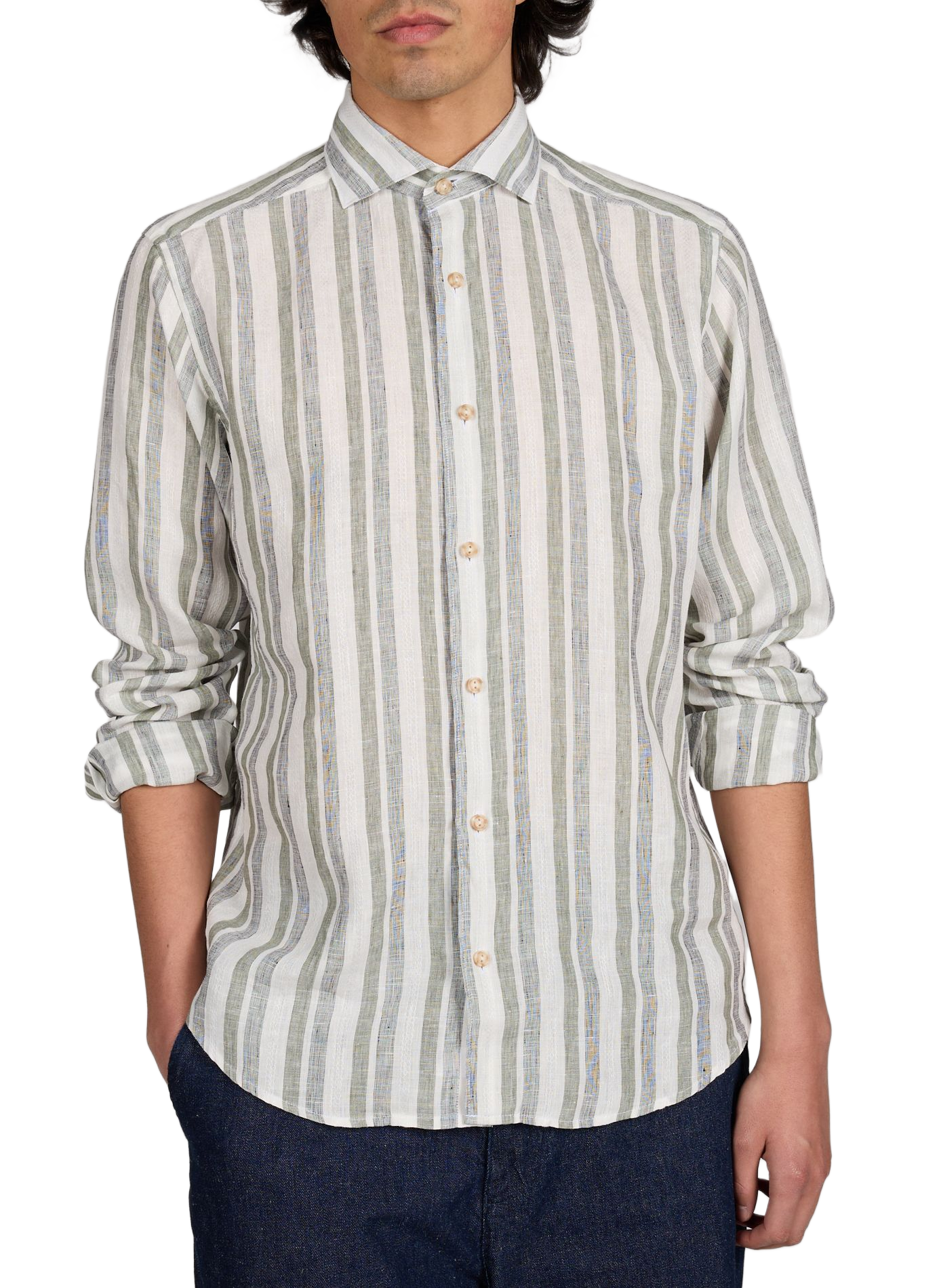 Chemise droite rayée en lin ETON Kaki