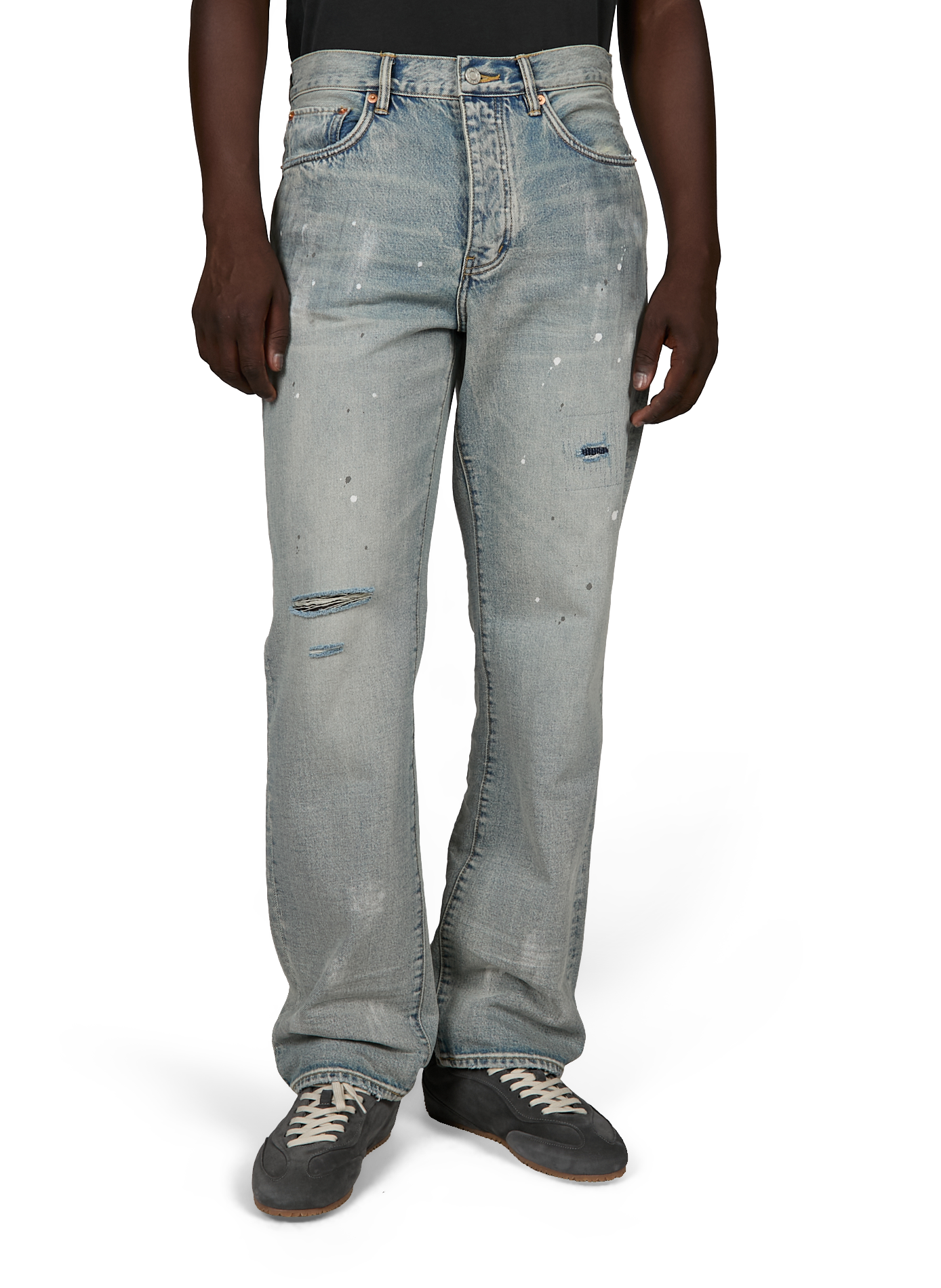 Jean droit déchiré effet tâches de peinture en coton PURPLE BRAND Bleu