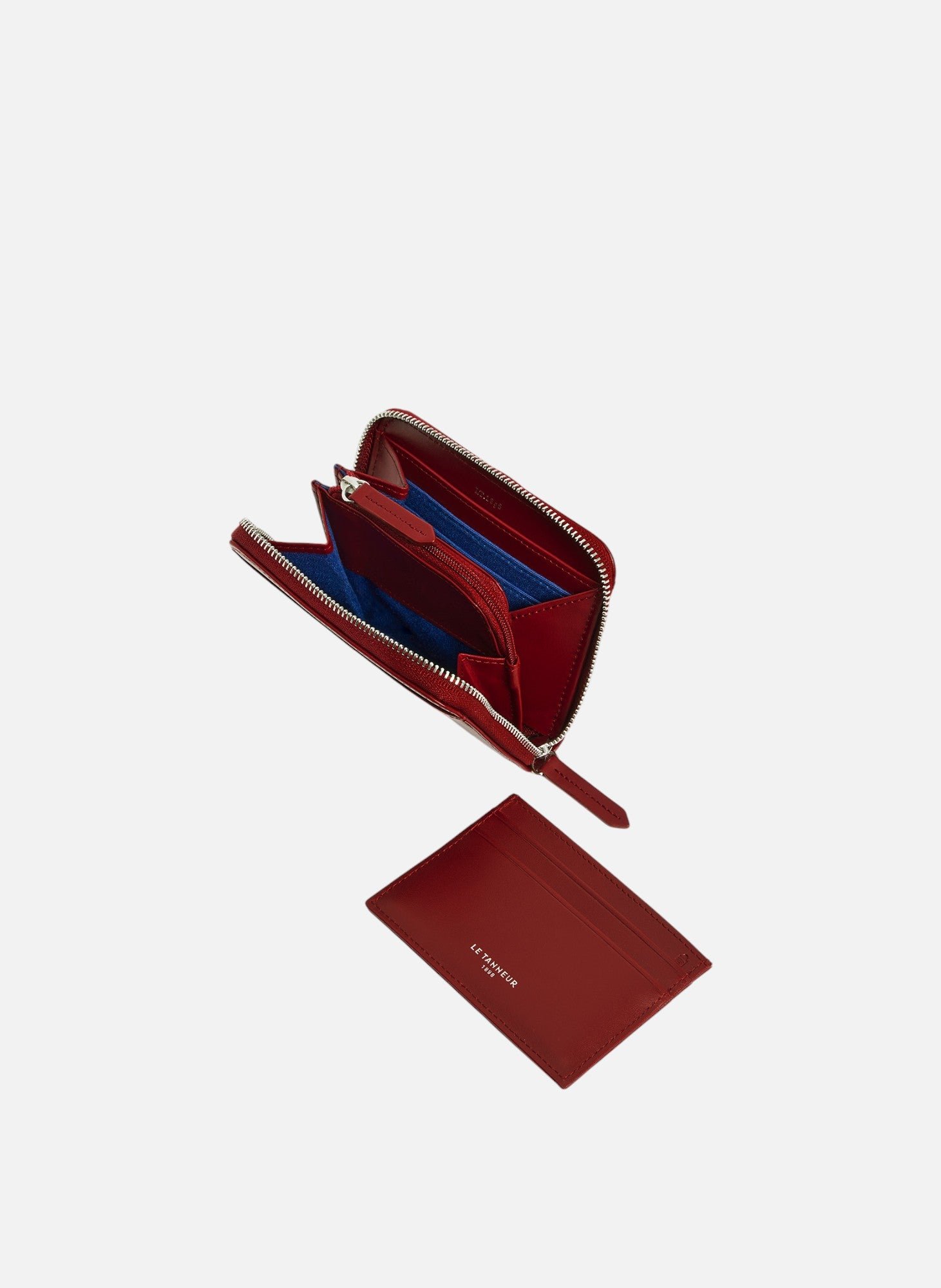Porte monnaie zippé avec porte cartes amovible charlotte en cuir lisse LE TANNEUR Rouge