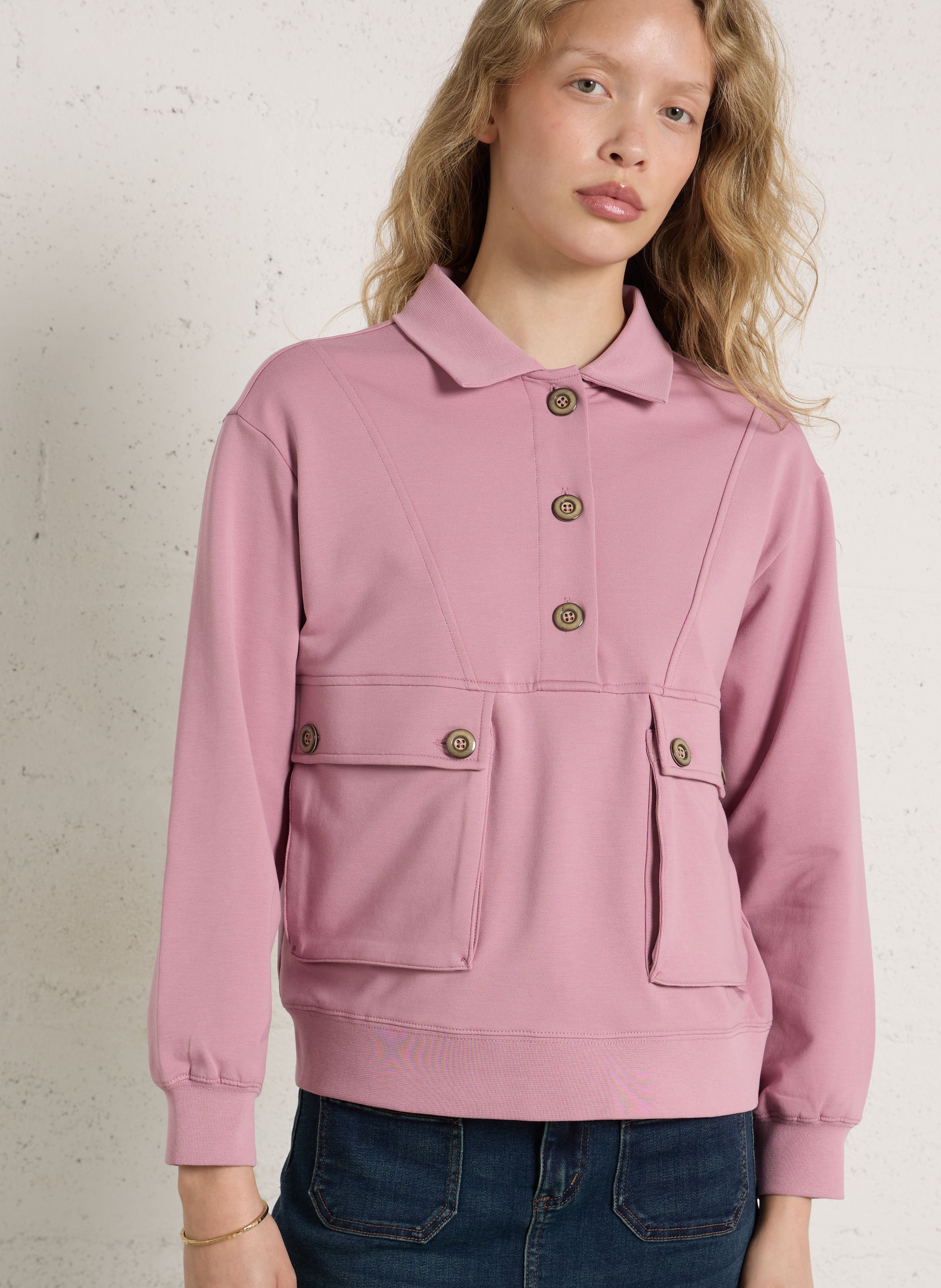 Sweat col polo en coton mélangé limon MAISON 123 Rose