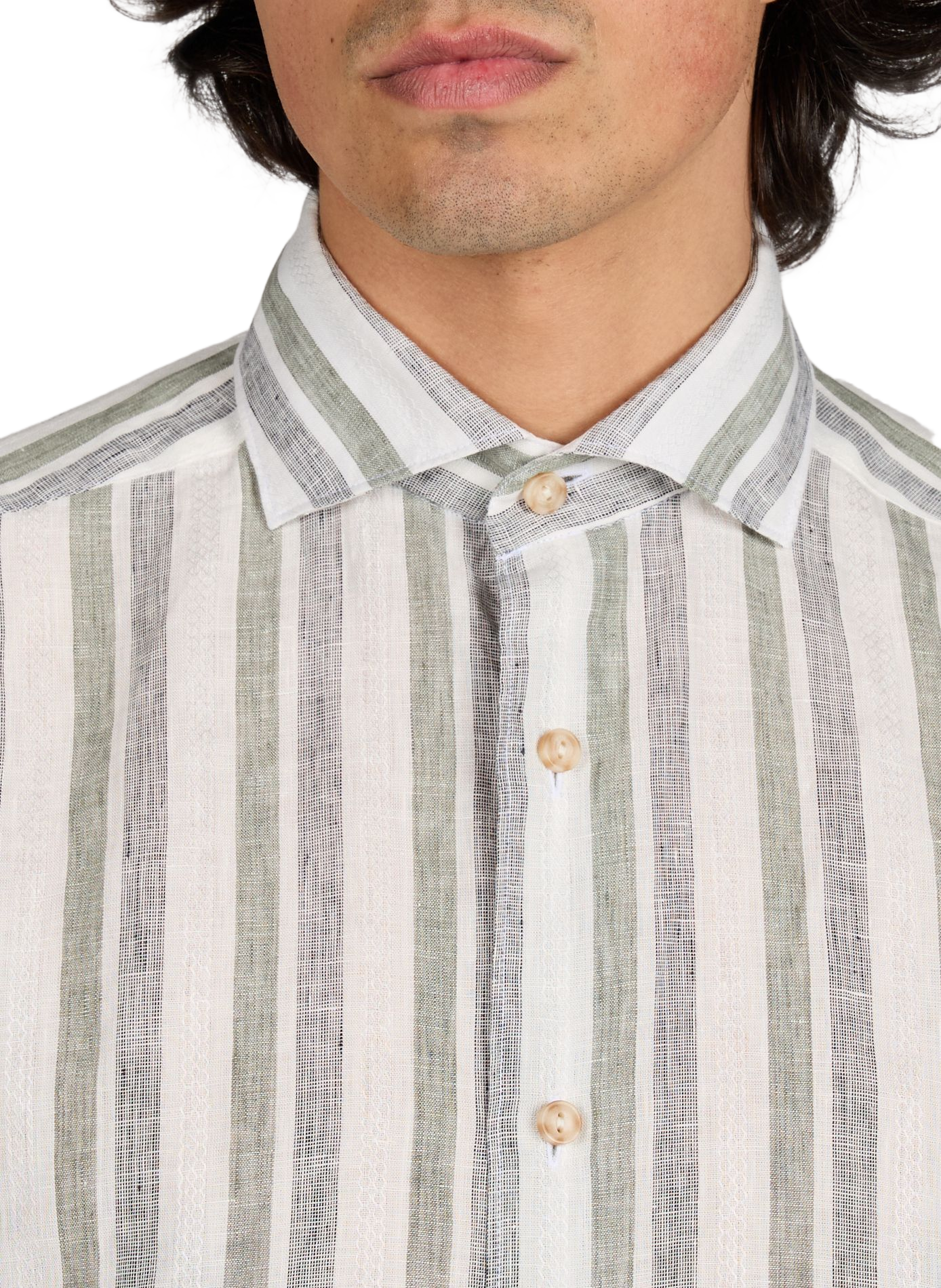 Chemise droite rayée en lin ETON Kaki