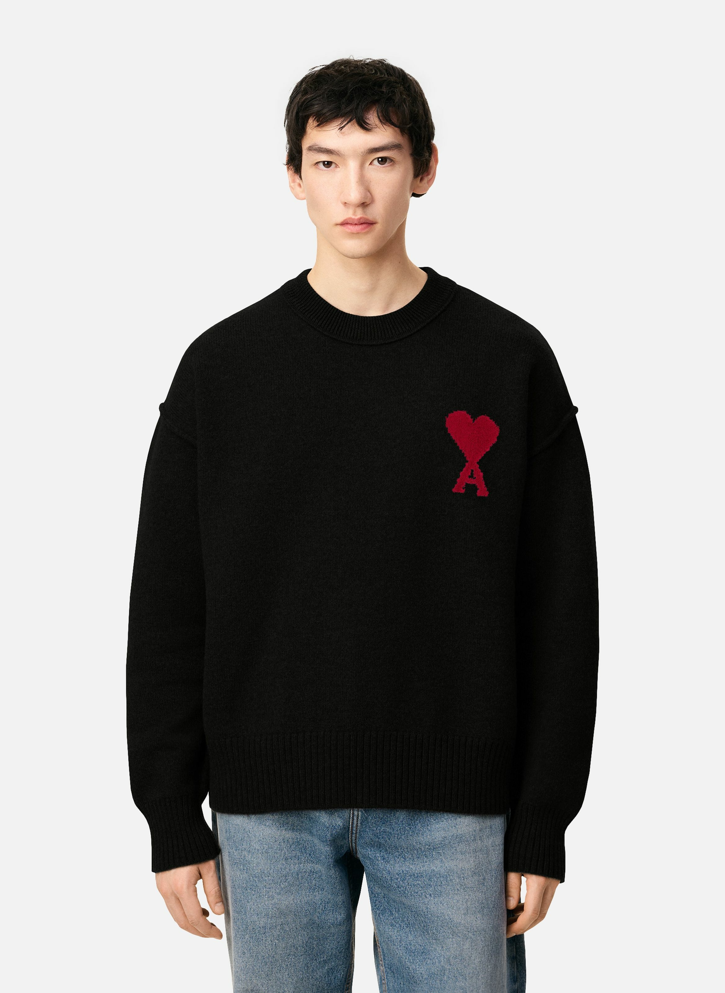 Pull col rond ami de coeur en laine unisexe AMI PARIS Noir