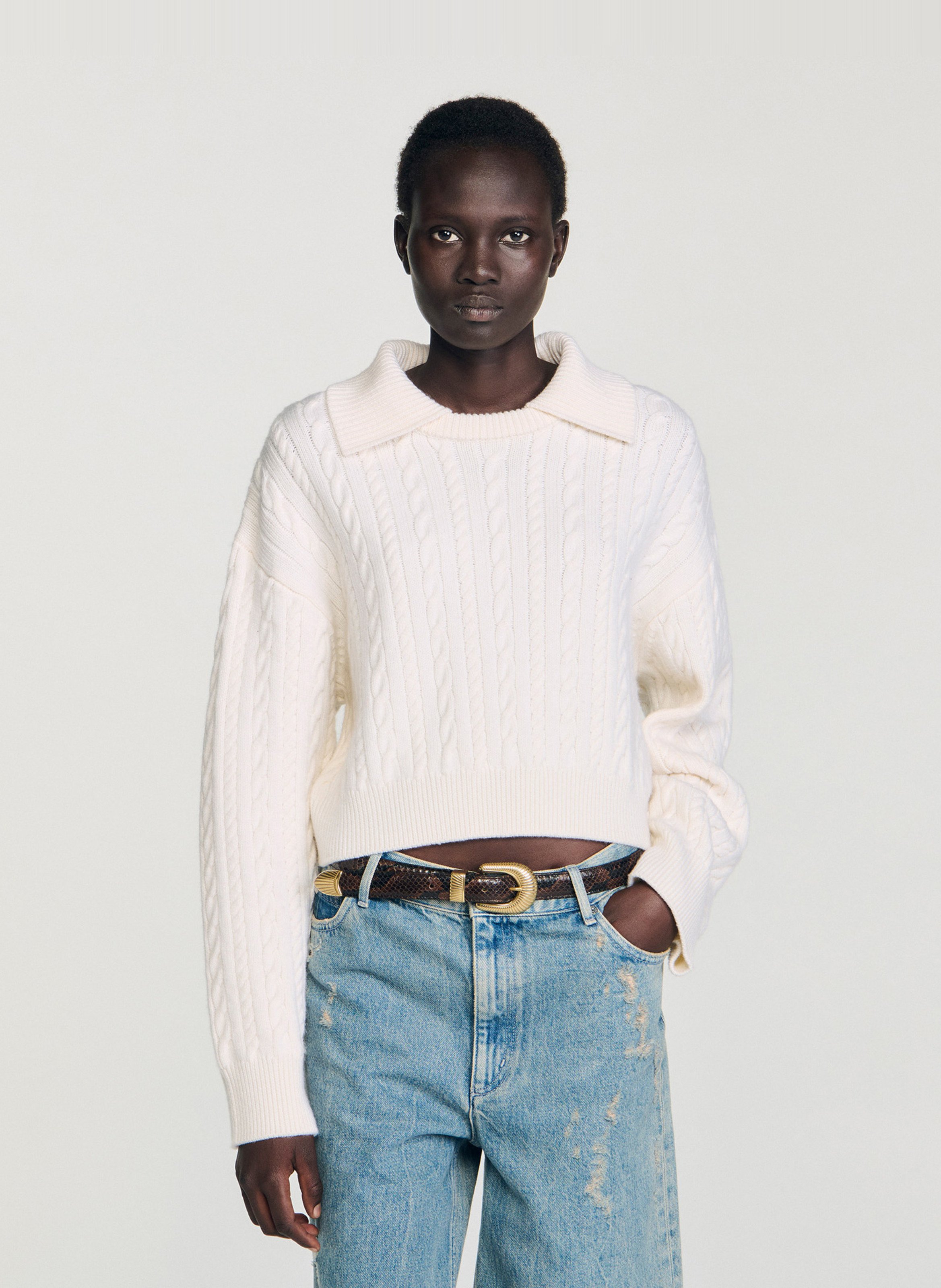 Pull col à revers en maille tressée SANDRO Beige