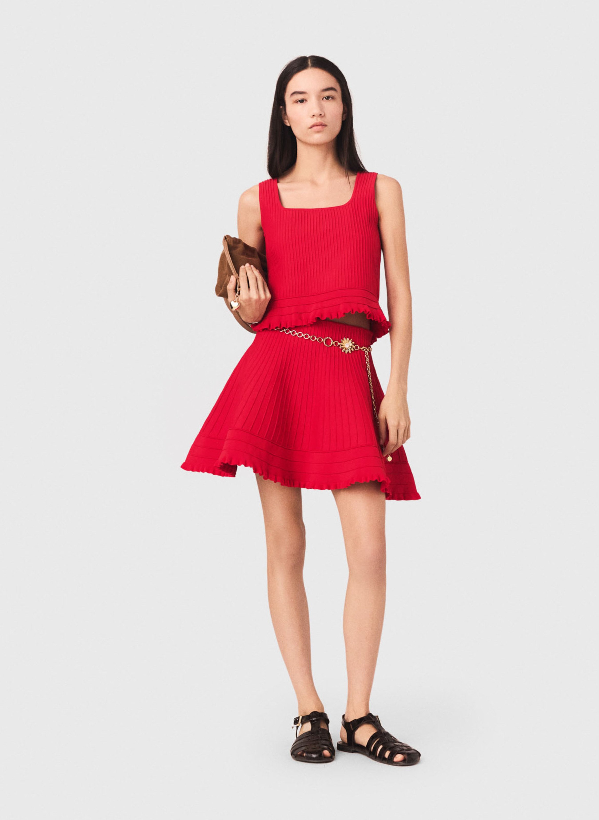 Top droit côtelé col carré MAJE Rouge