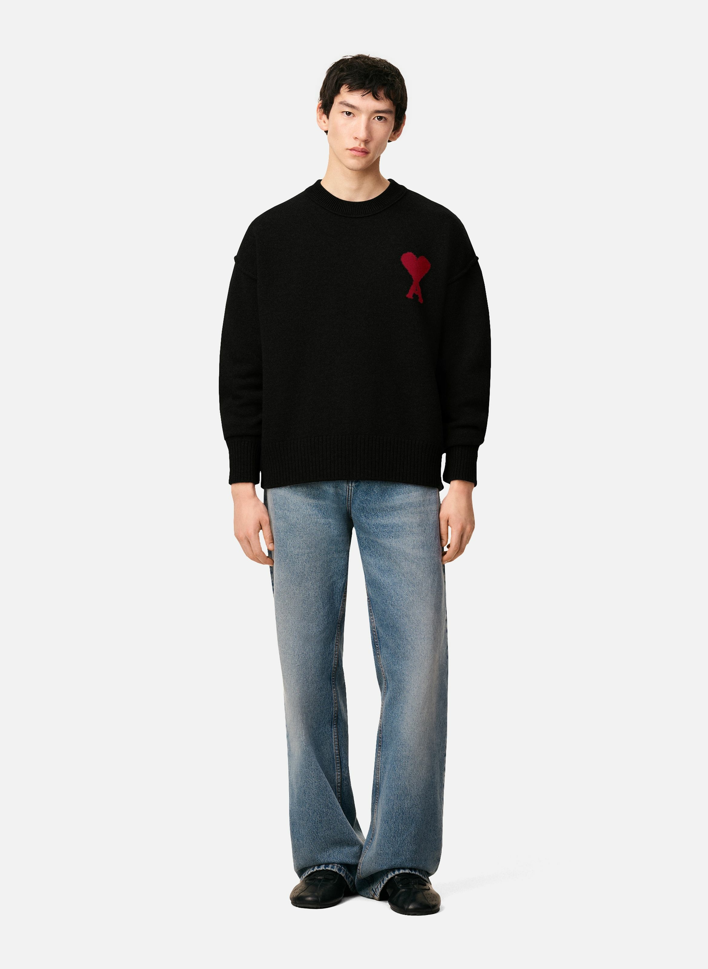 Pull col rond ami de coeur en laine unisexe AMI PARIS Noir