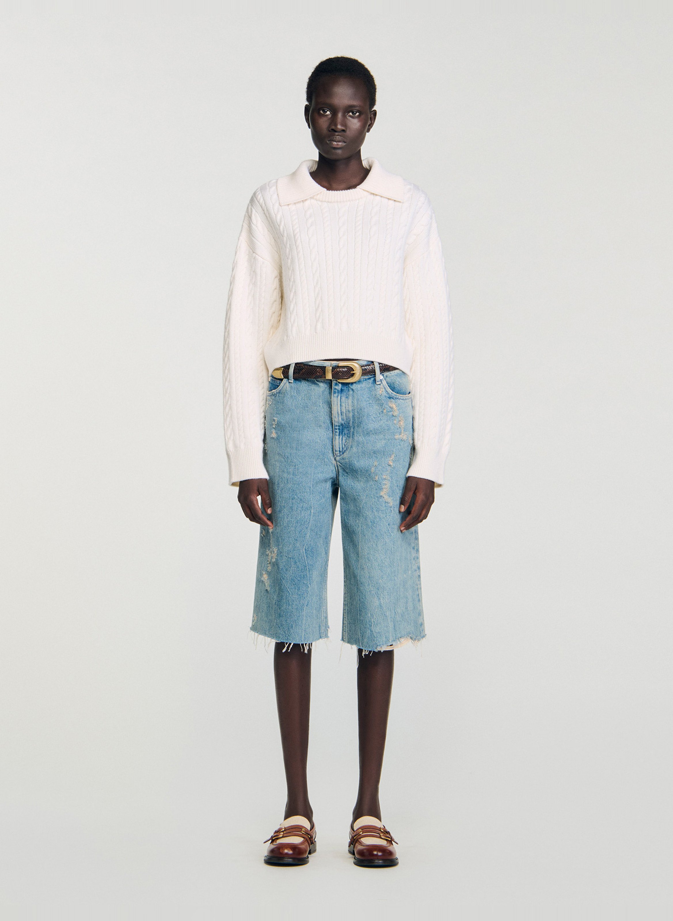 Pull col à revers en maille tressée SANDRO Beige