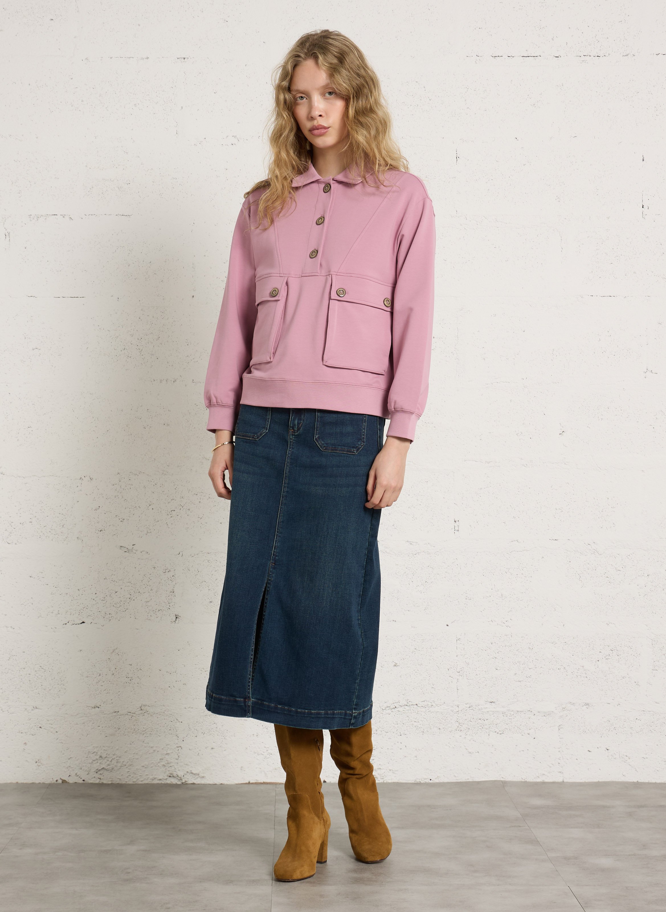 Sweat col polo en coton mélangé limon MAISON 123 Rose
