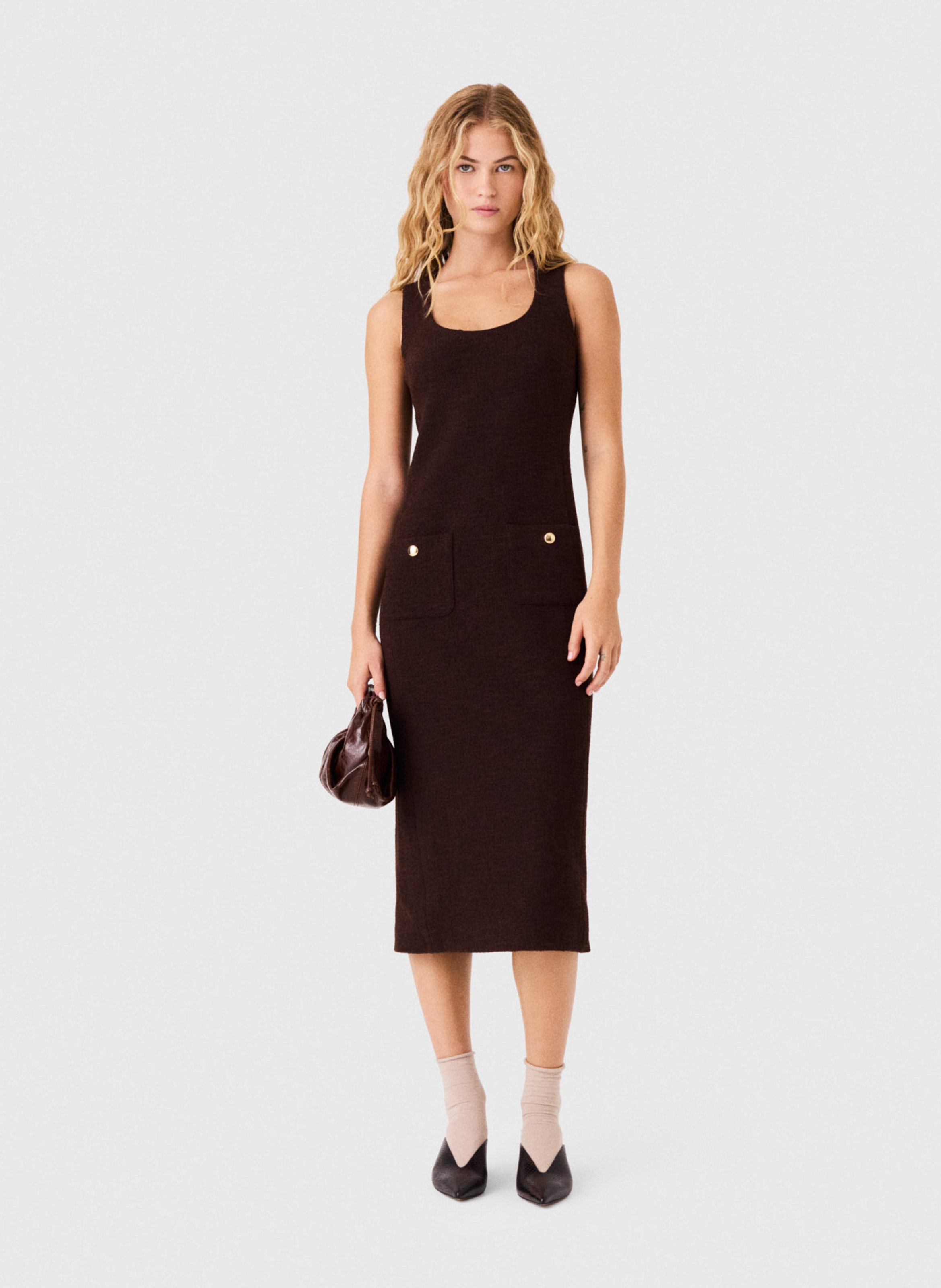 Robe midi cintrée col rond MAJE Marron