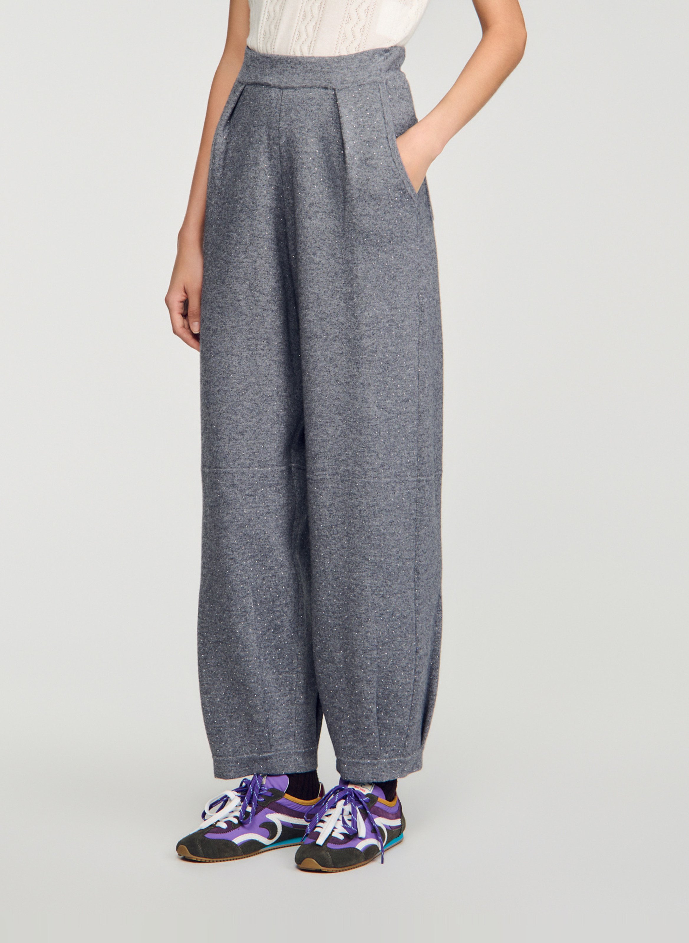 Pantalon large taille haute en laine mélangée SANDRO Gris