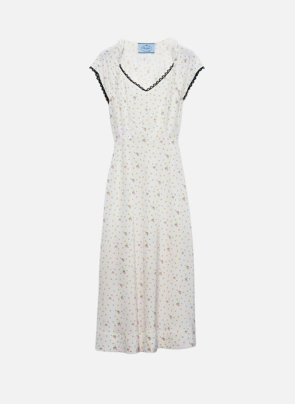 Robe en pongé à imprimé fleurs Blanc by PRADA PRADA Robe en pongé à imprimé fleurs Blanc