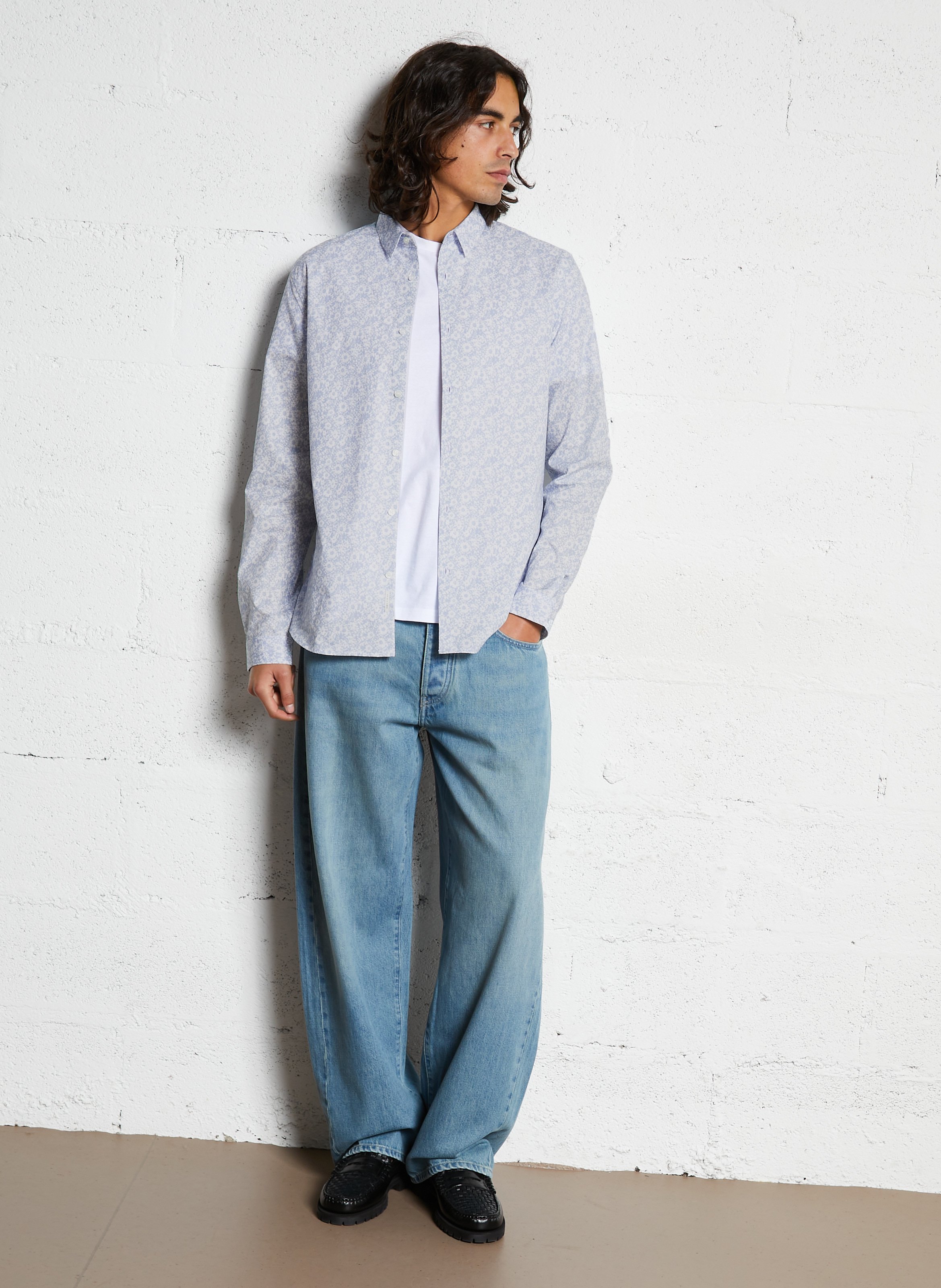 Chemise slim-fit col parisien imprimé fleuri en coton IKKS Bleu