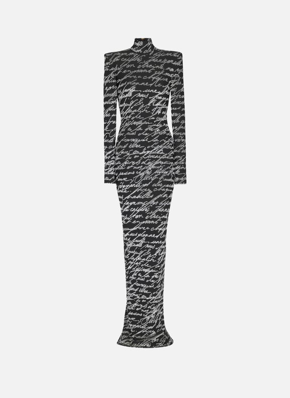 Robe longue en maille jacquard lettre d'amour Noir by BALMAIN BALMAIN Robe longue en maille jacquard lettre d'amour Noir