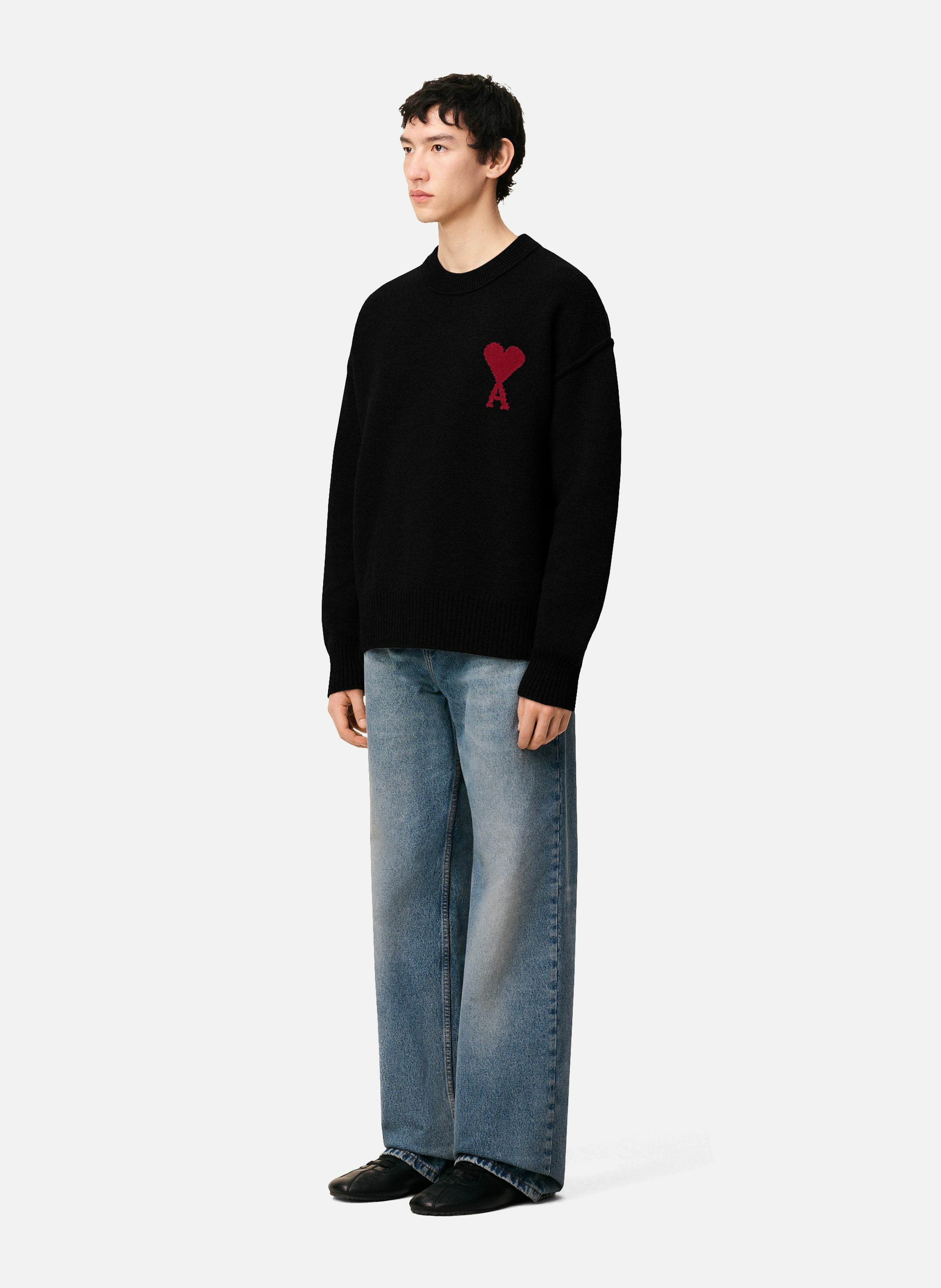 Pull col rond ami de coeur en laine unisexe AMI PARIS Noir