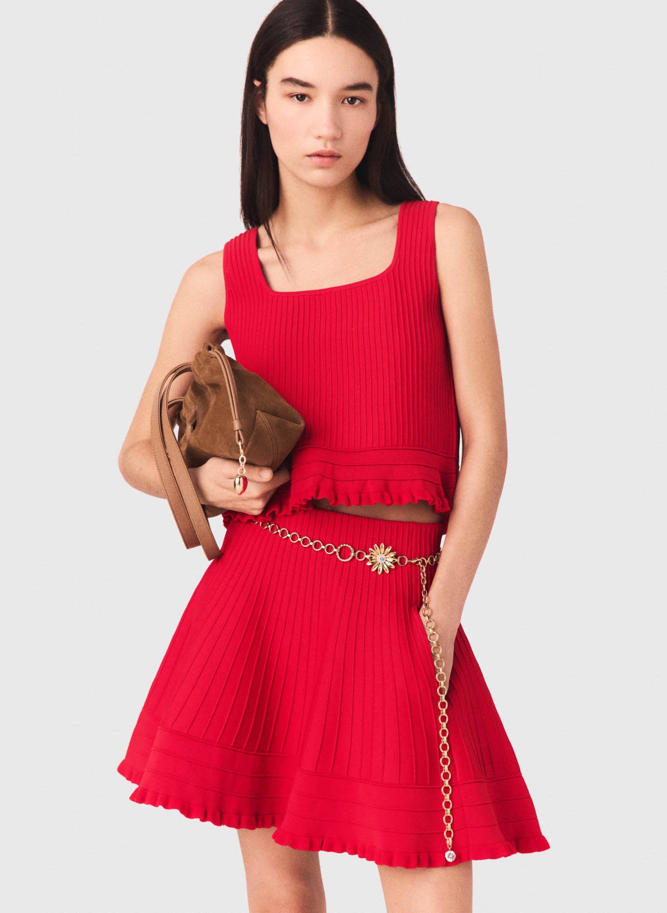 Top droit côtelé col carré MAJE Rouge