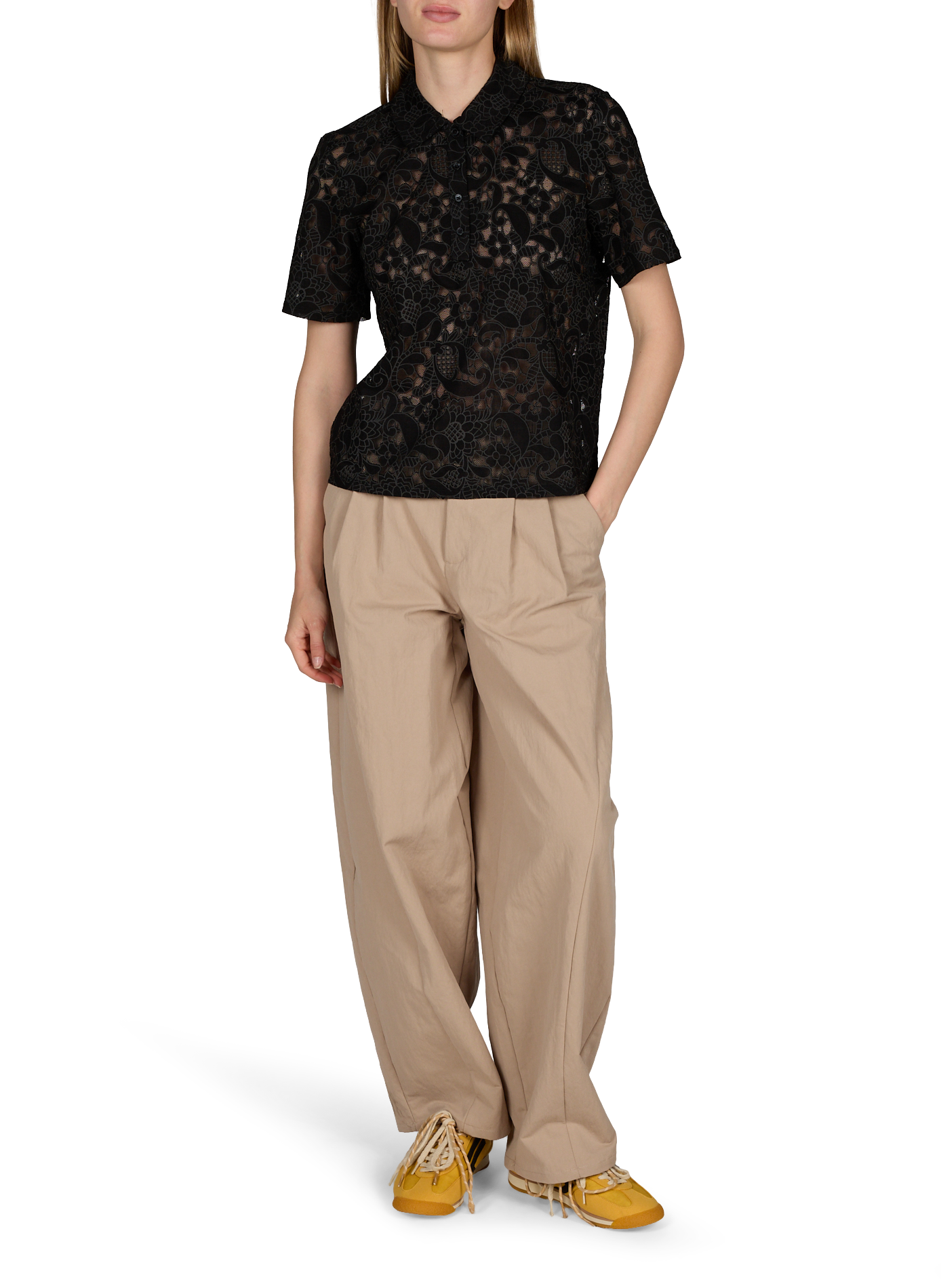 Short-sleeved floral lace polo OBJECT Black