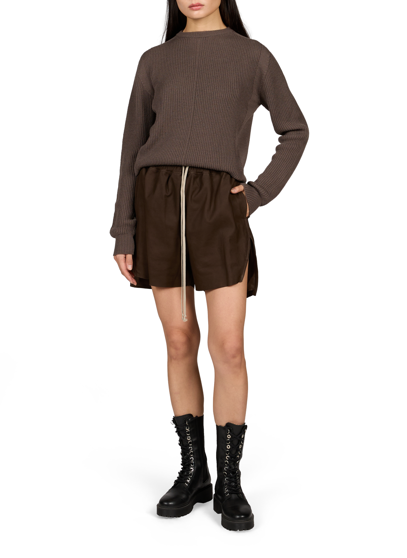 Pull mailles col rond en laine RICK OWENS Marron