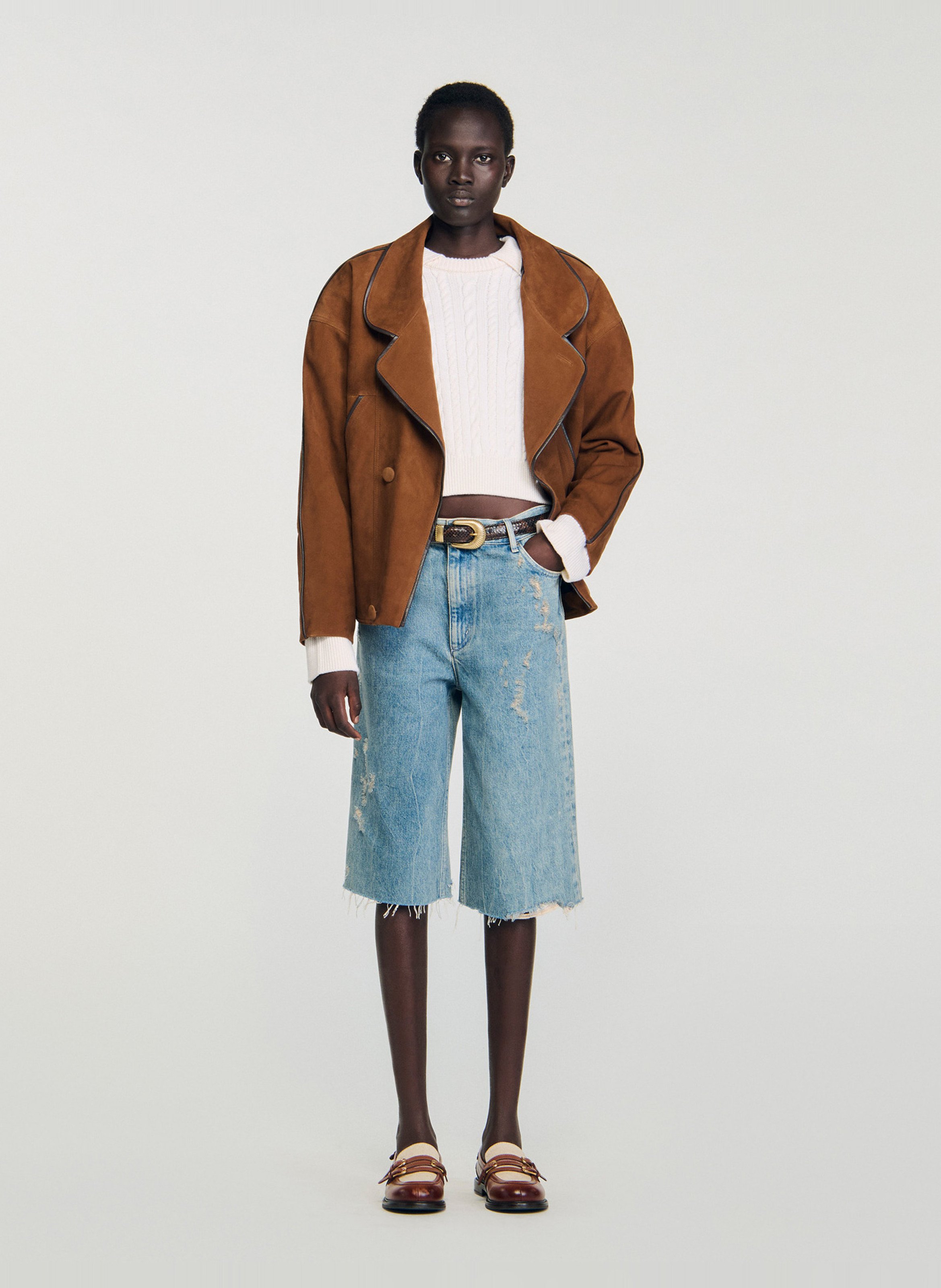 Pull col à revers en maille tressée SANDRO Beige