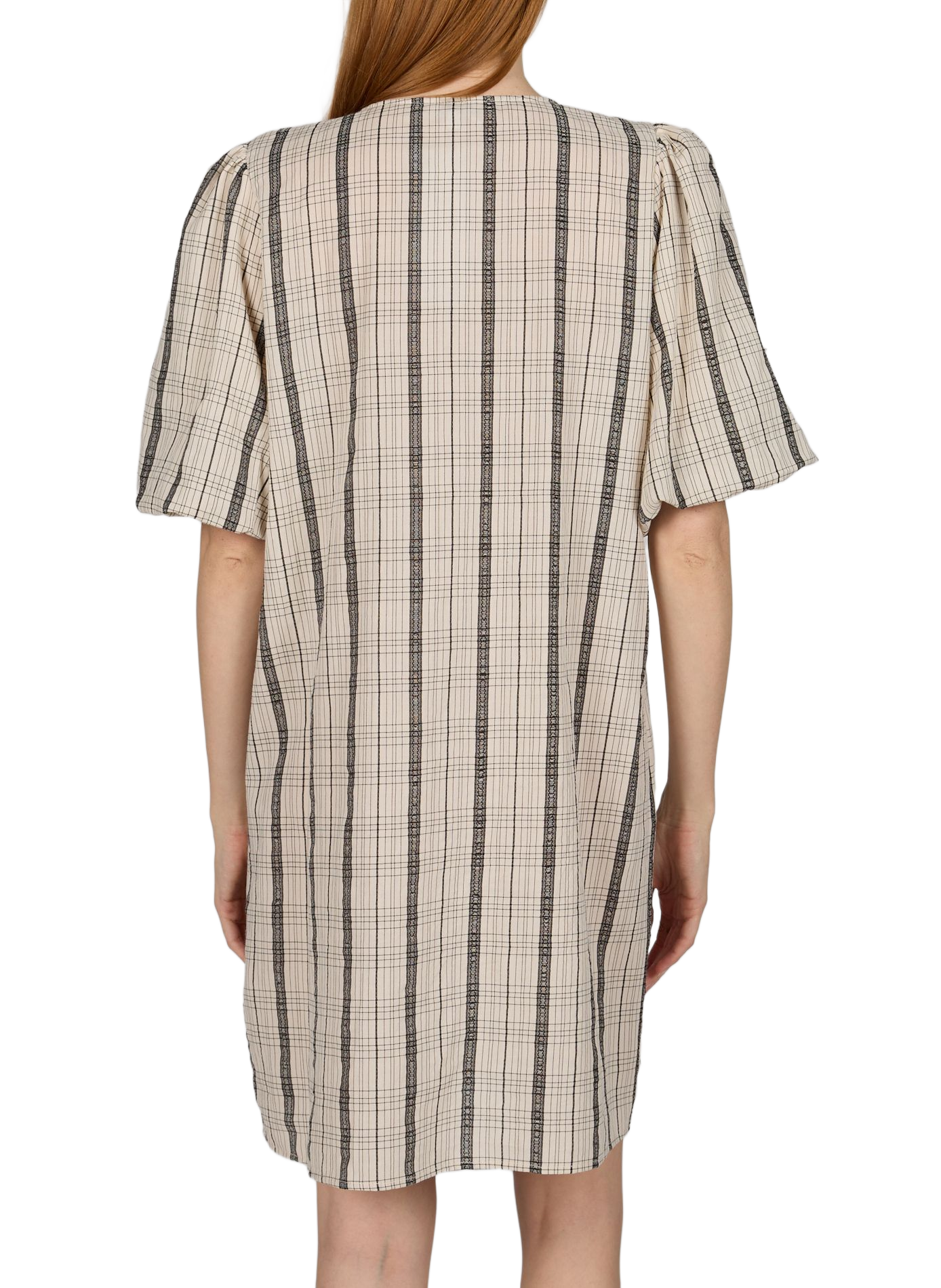Short-sleeved checkered dress in blended cotton. OBJECT Beige