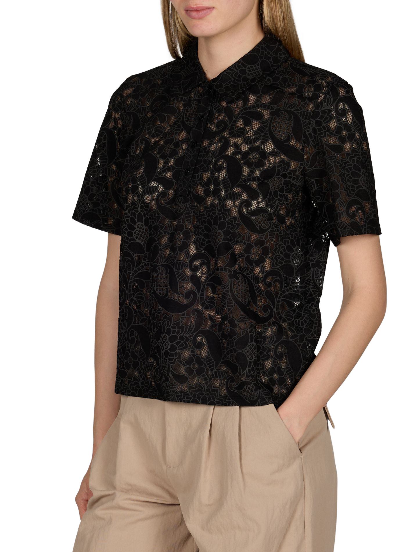 Short-sleeved floral lace polo OBJECT Black