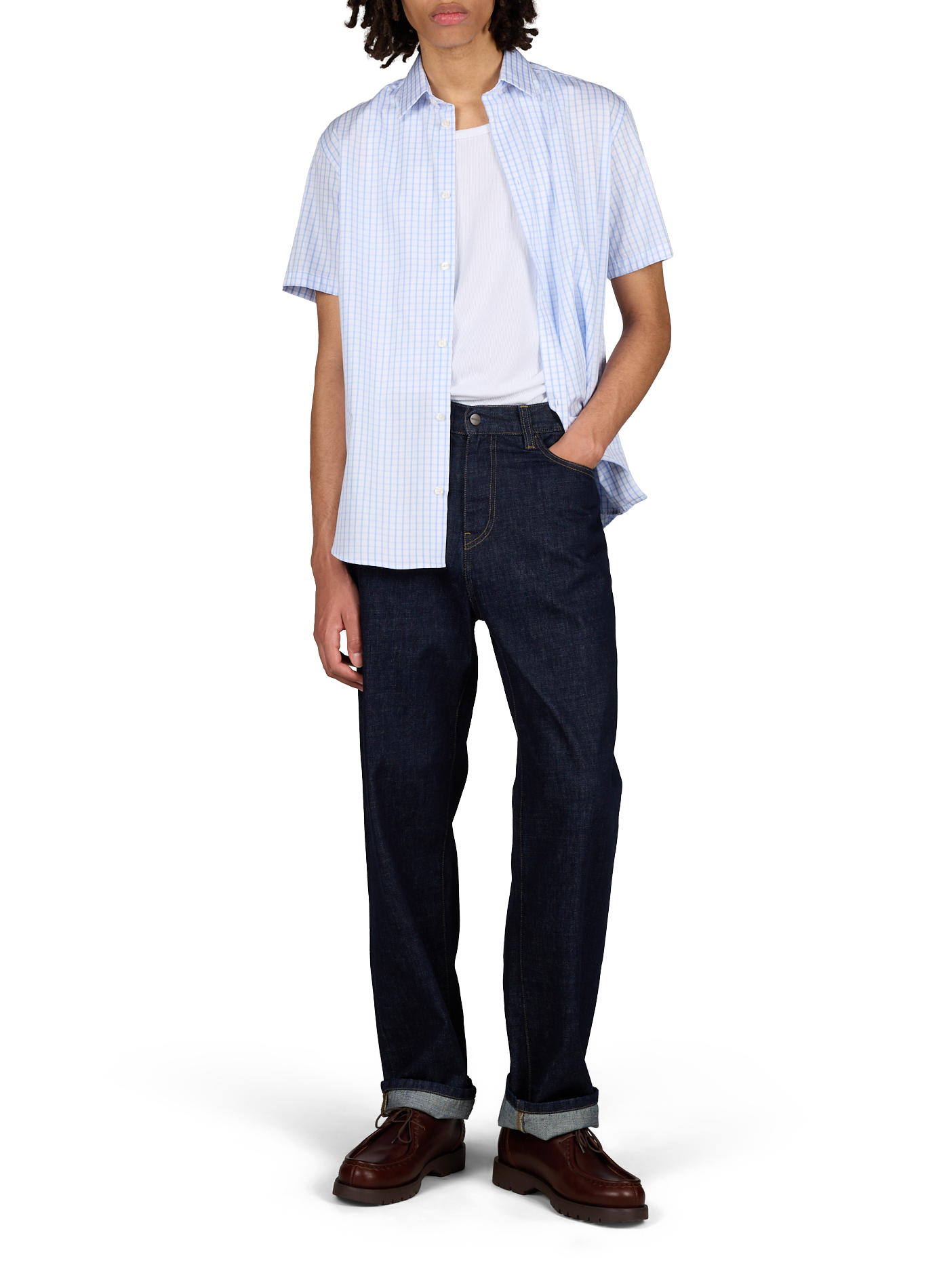 Chemise manches courtes à carreaux en coton AU PRINTEMPS PARIS Bleu