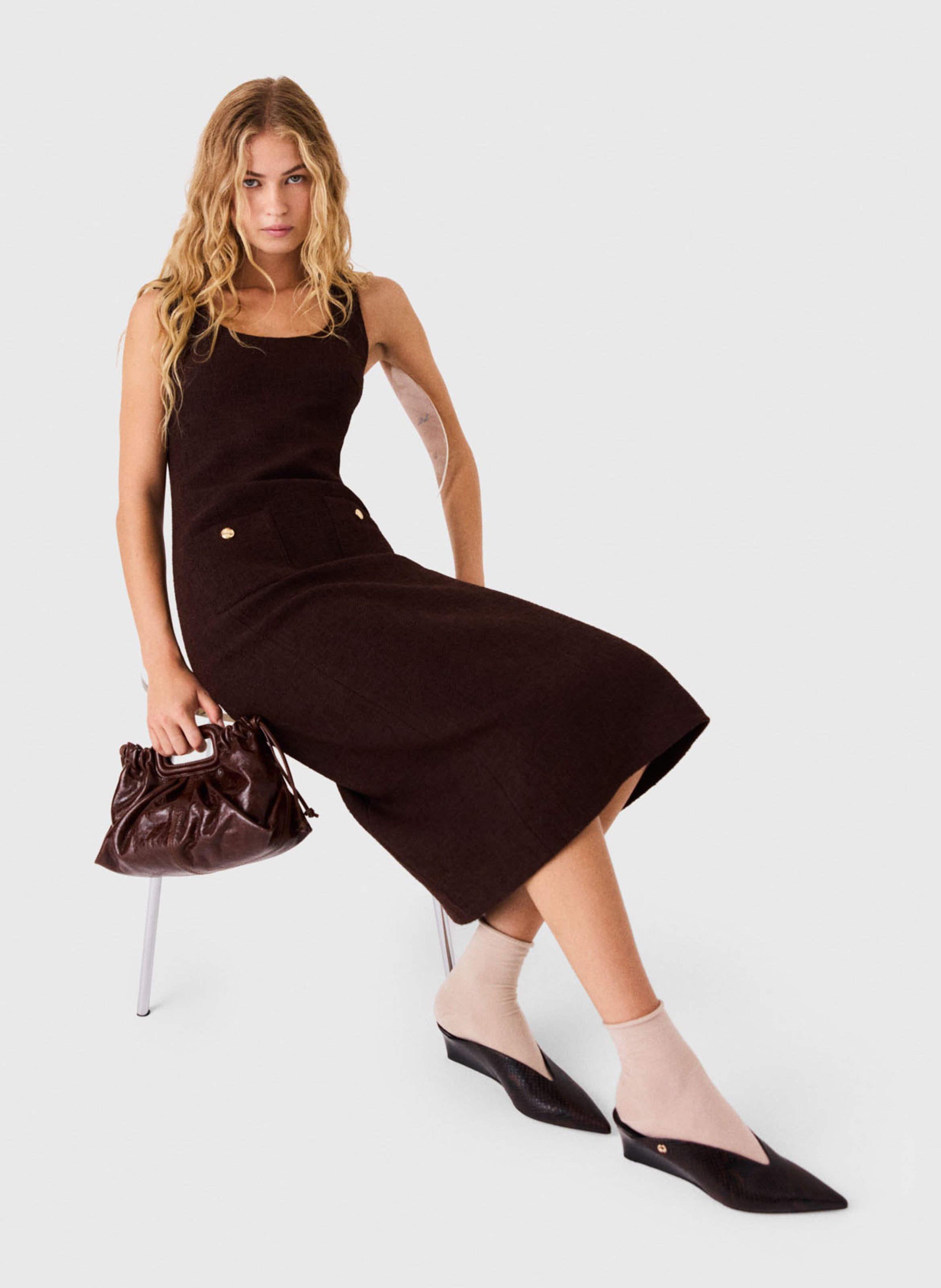 Robe midi cintrée col rond MAJE Marron