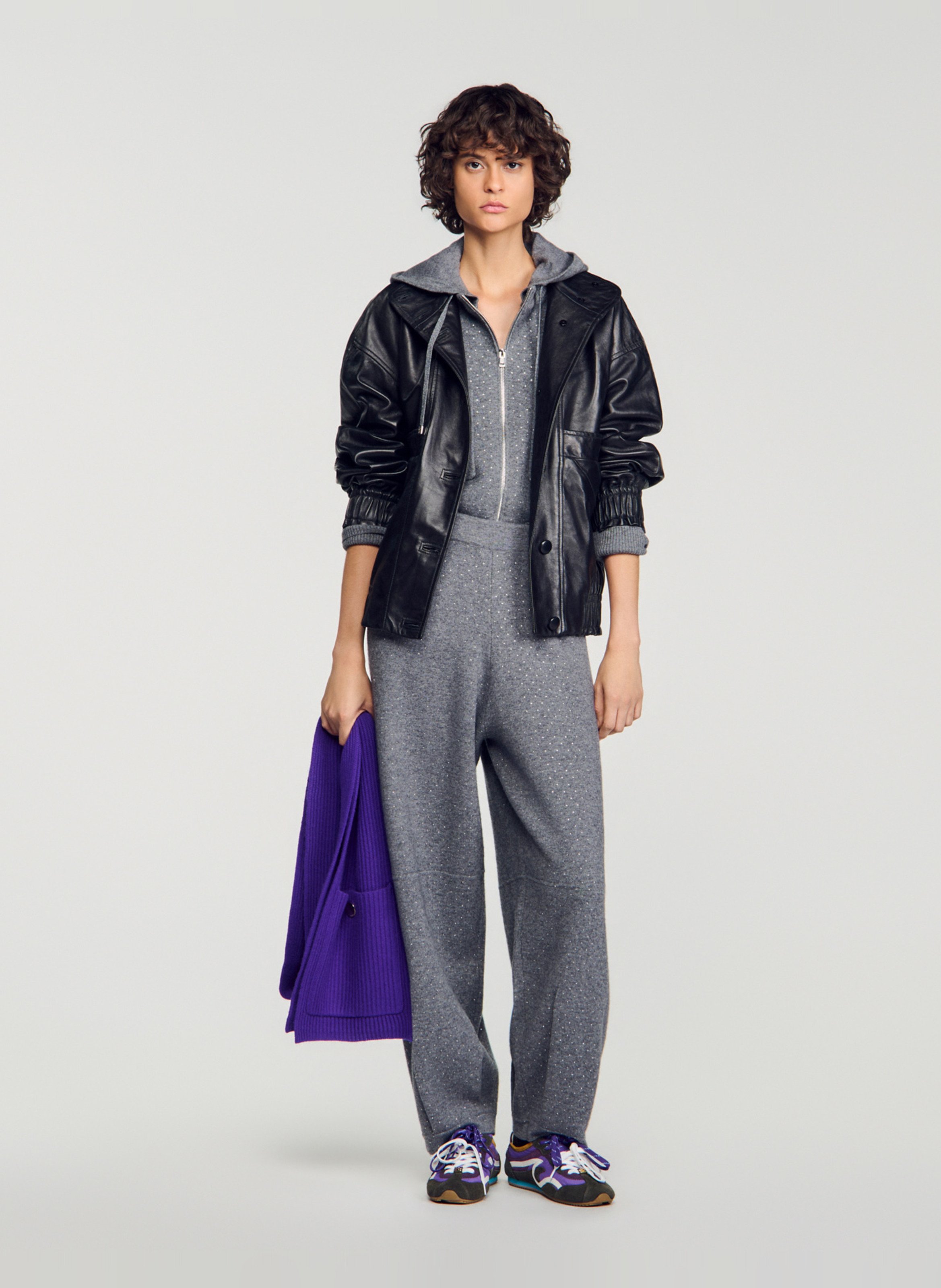Pantalon large taille haute en laine mélangée SANDRO Gris
