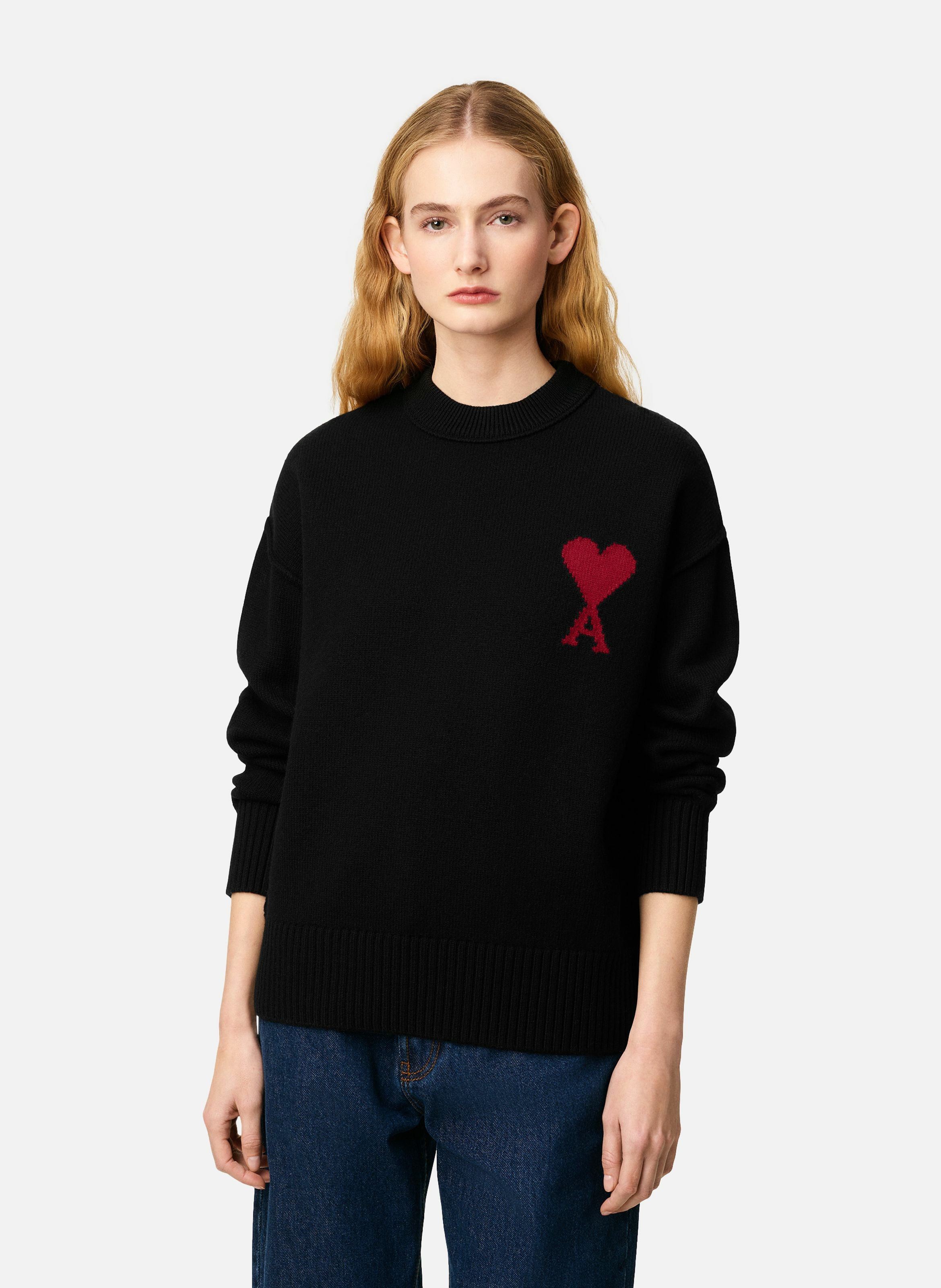 Pull col rond ami de coeur en laine unisexe AMI PARIS Noir