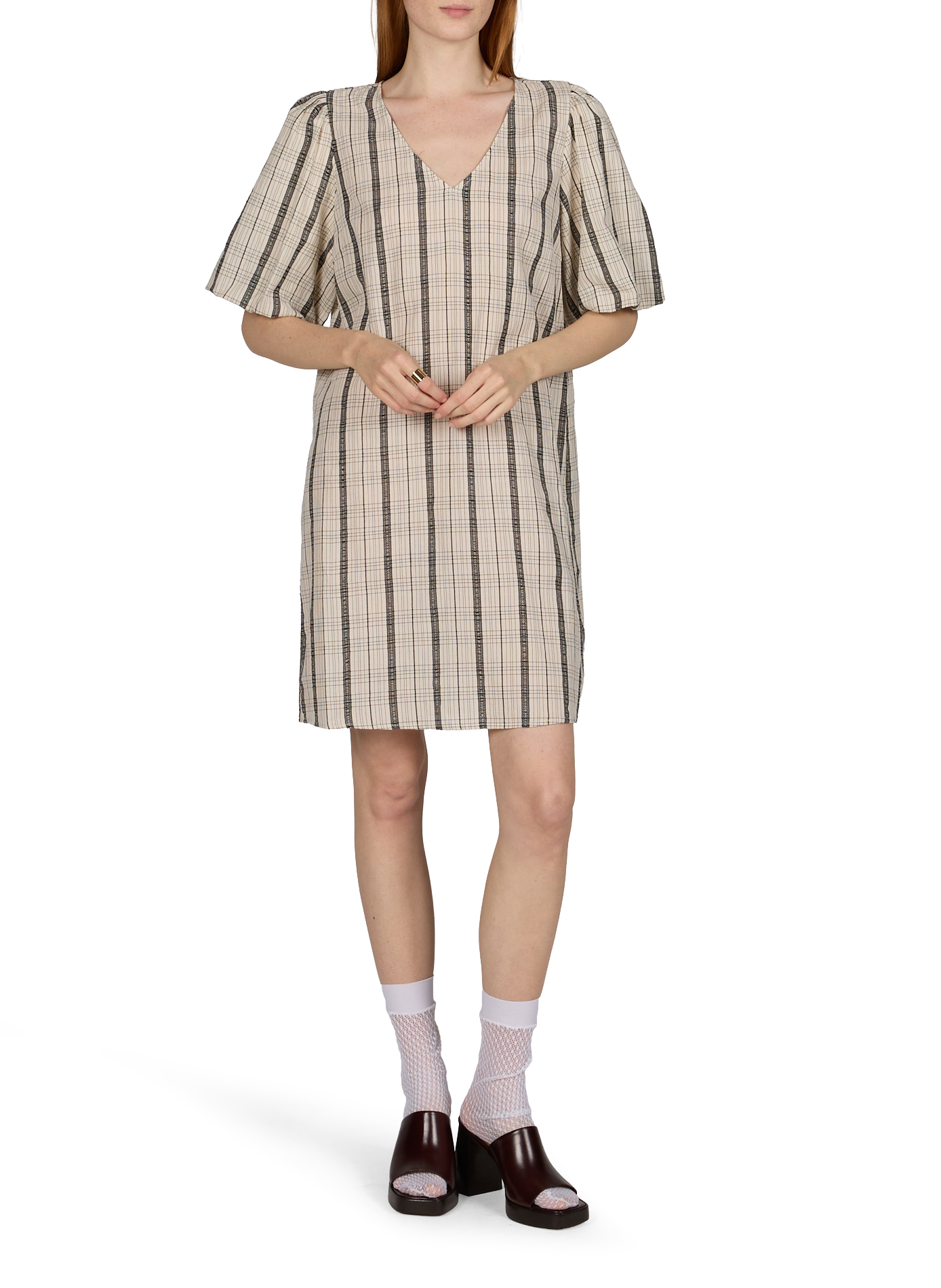 Short-sleeved checkered dress in blended cotton. OBJECT Beige