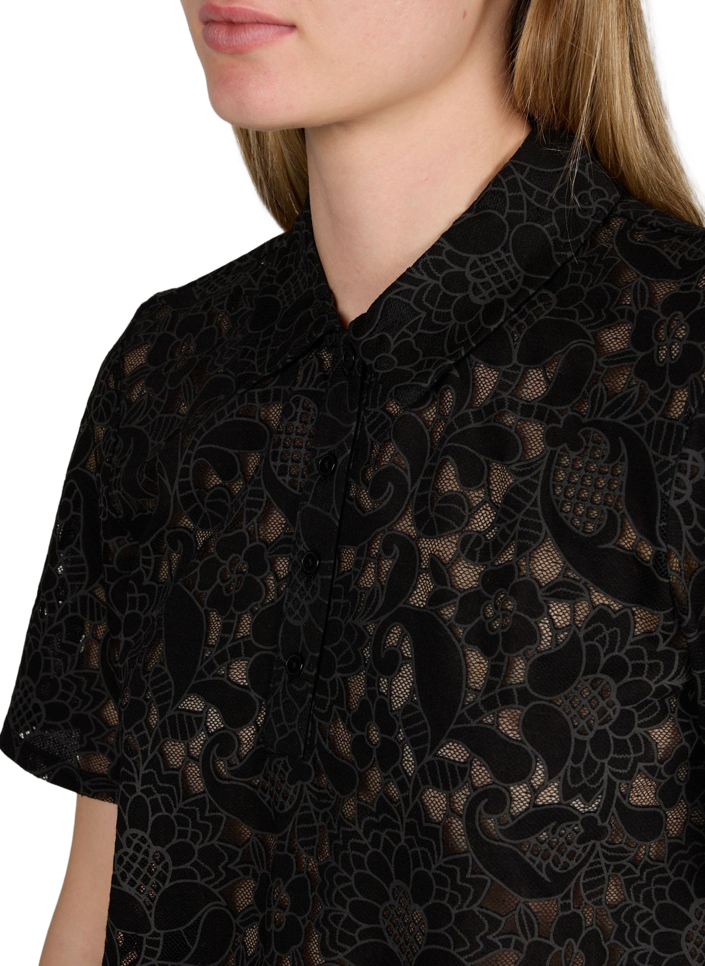 Short-sleeved floral lace polo OBJECT Black
