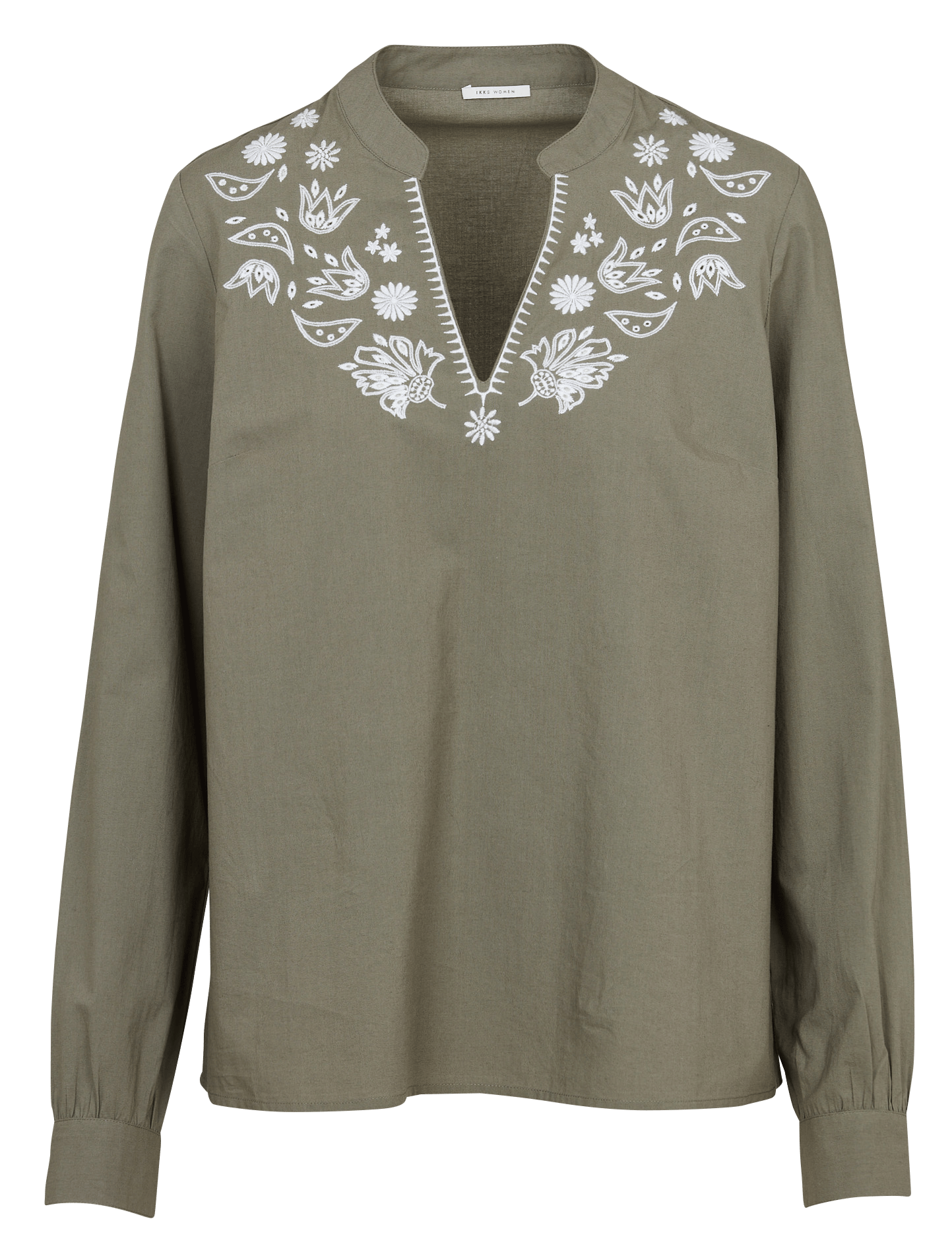 Blouse oversize col v en coton brodé IKKS Kaki