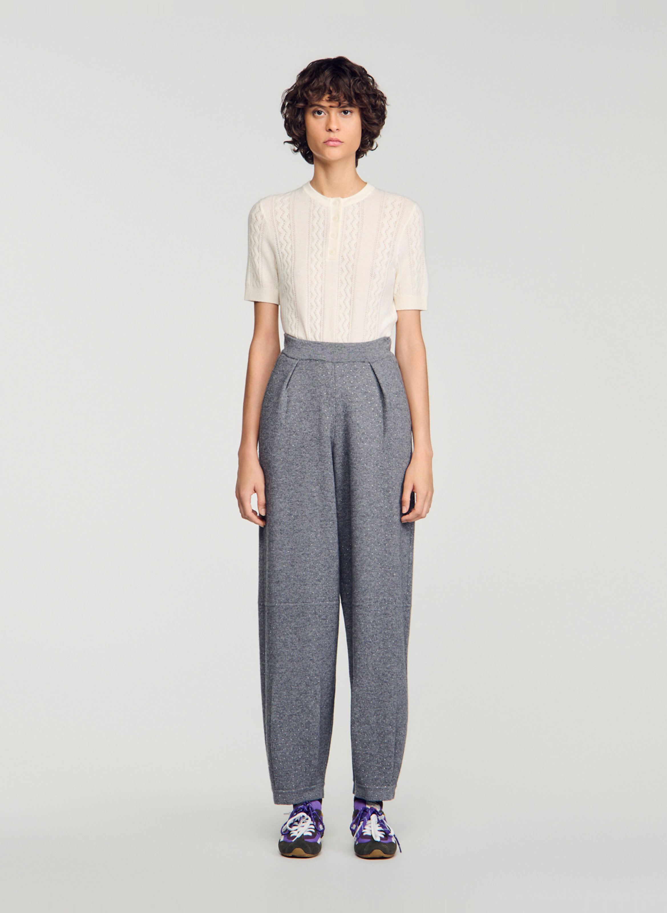 Pantalon large taille haute en laine mélangée SANDRO Gris