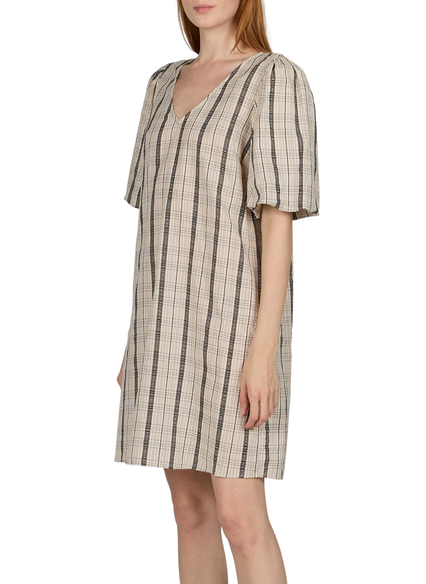Short-sleeved checkered dress in blended cotton. OBJECT Beige