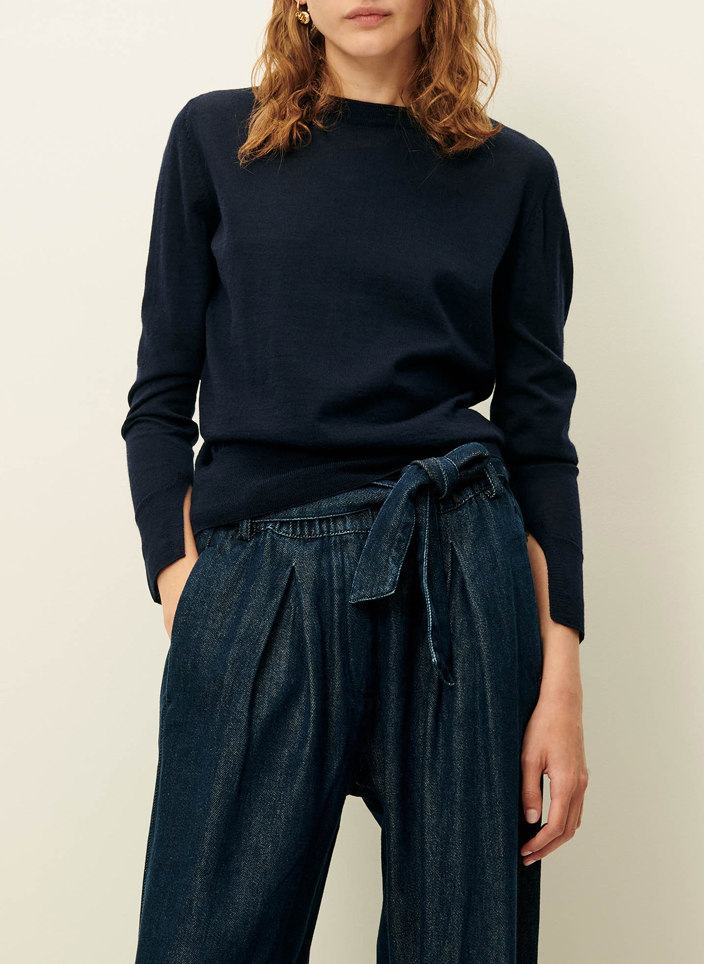 SESSUN Pull col rond en laine teshima Bleu