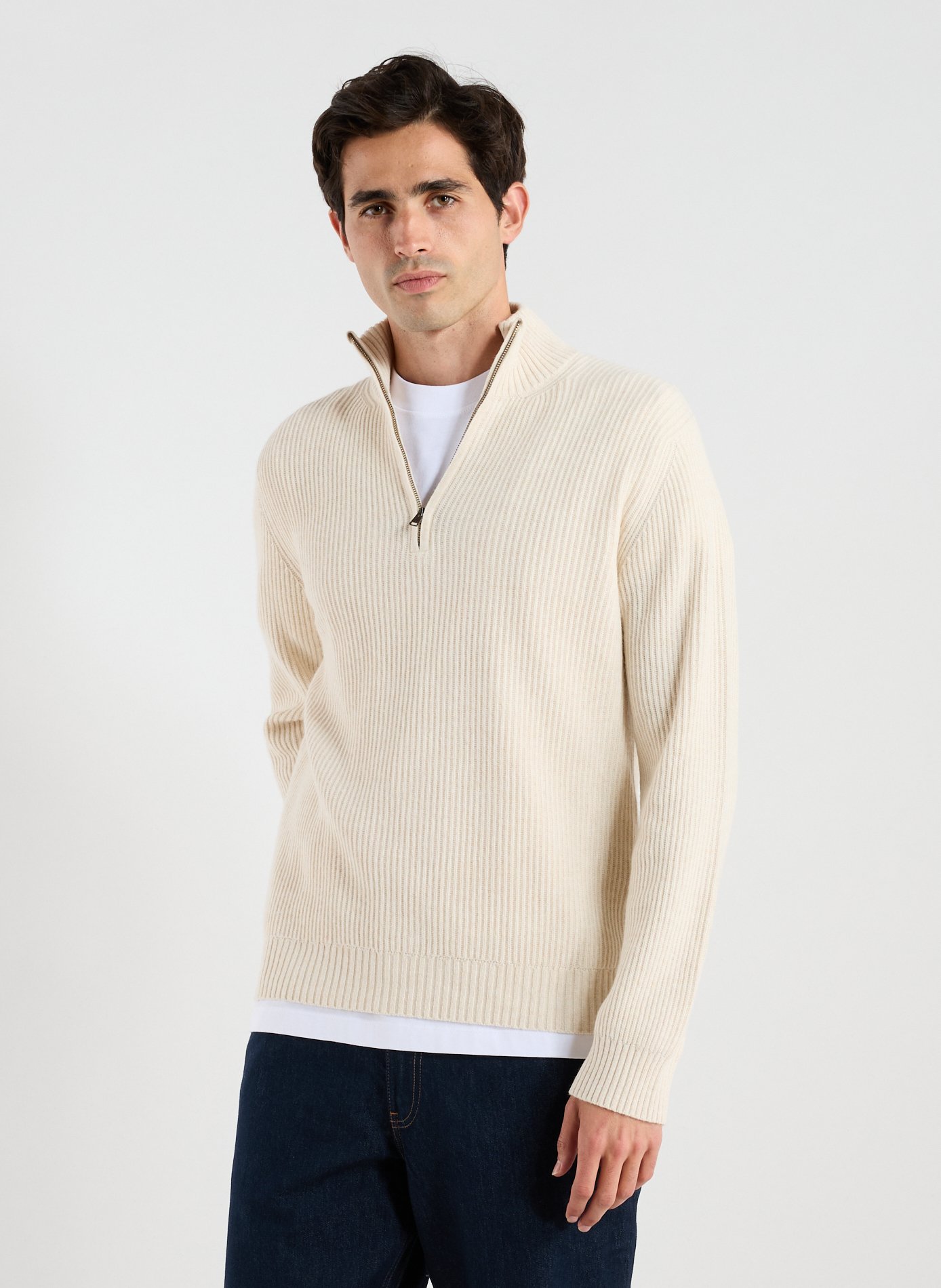 WOOLRICH Ribbed sweater with zip collar Beige