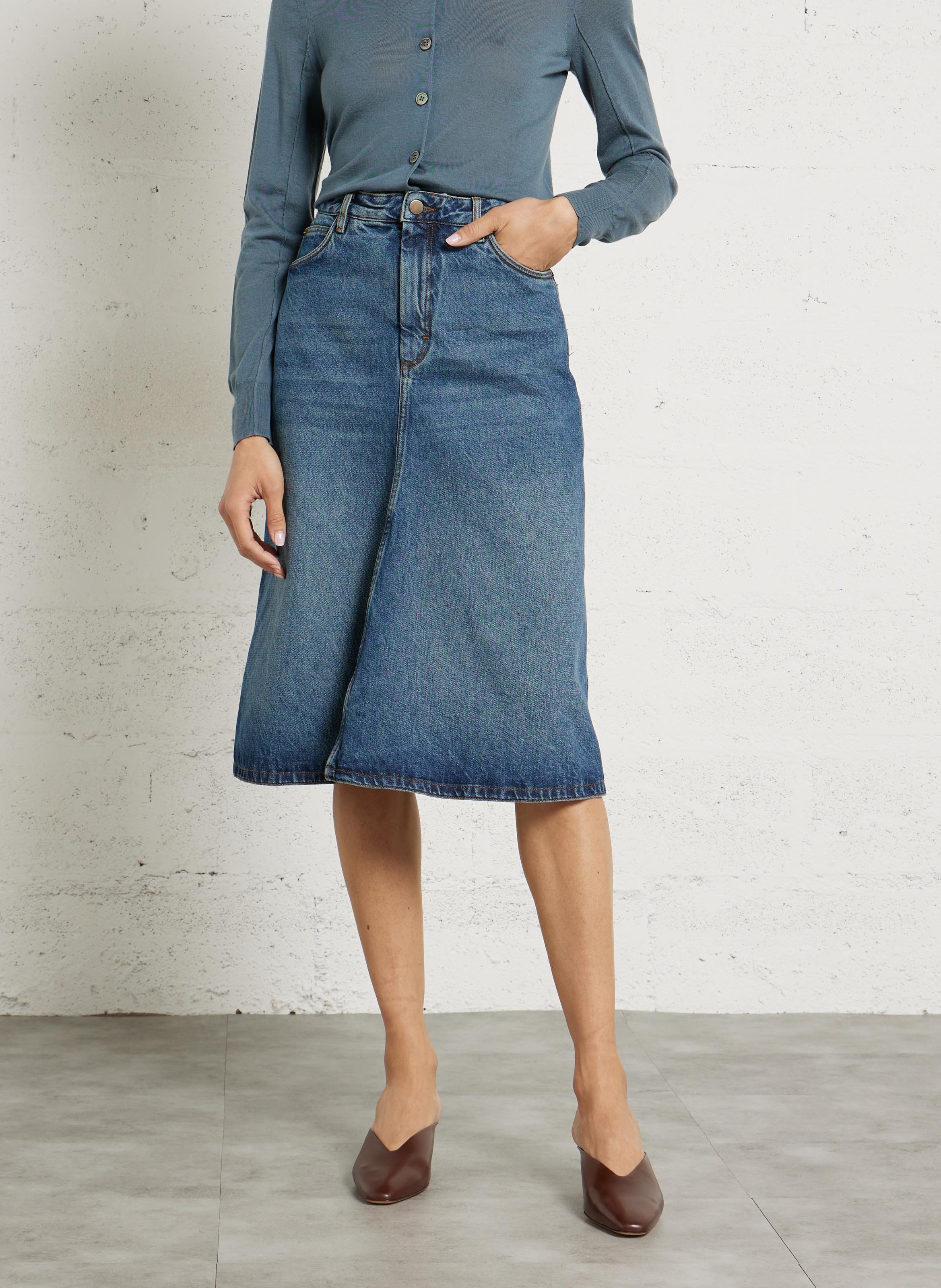 Jupe midi évasée en denim halo SOEUR Bleu