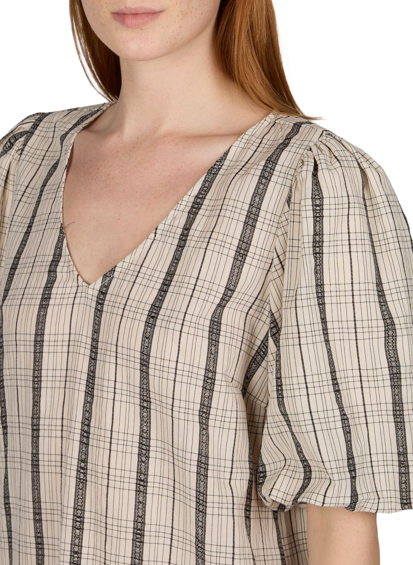 Short-sleeved checkered dress in blended cotton. OBJECT Beige