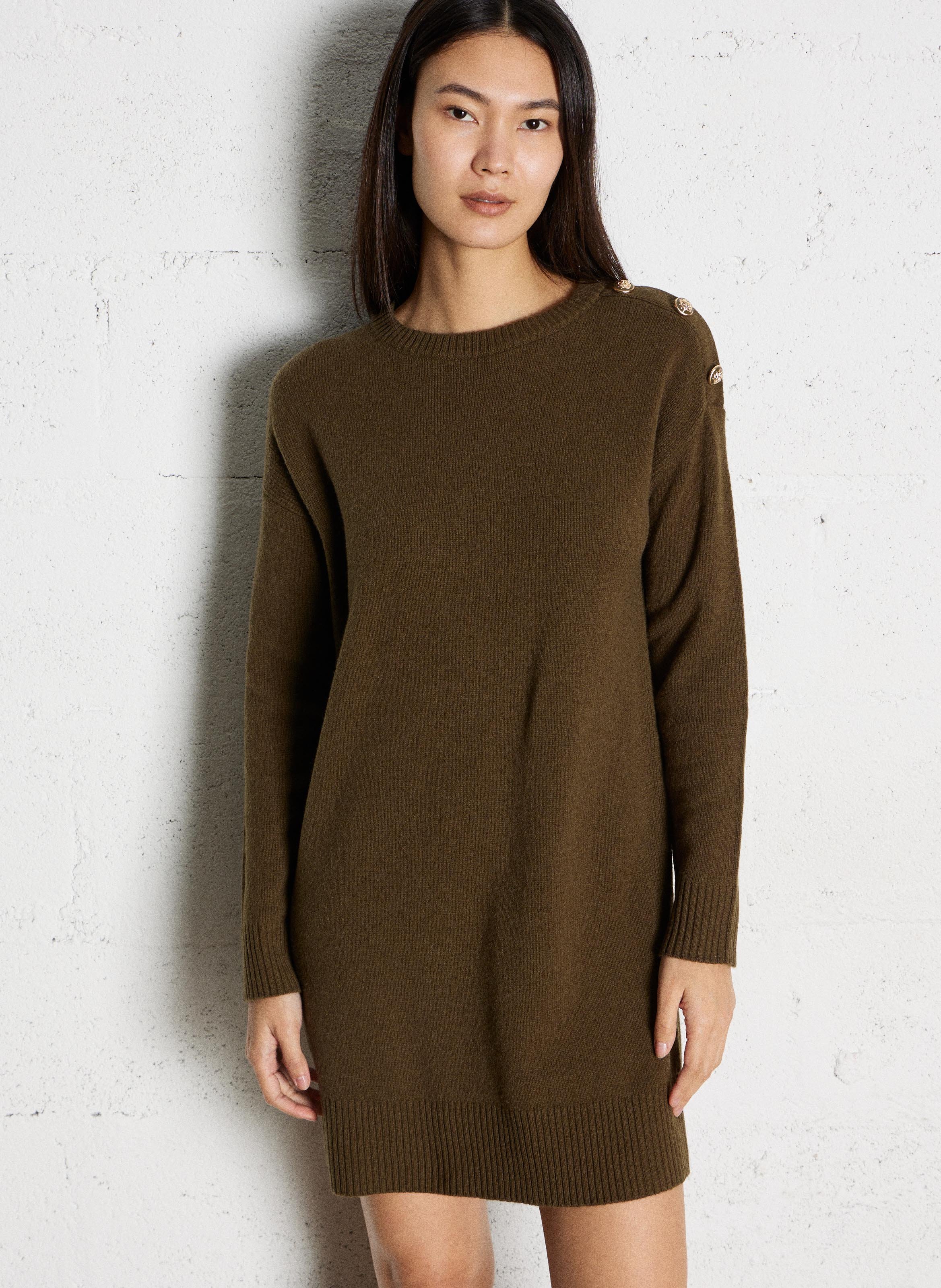 MAISON 123 Robe courte droite col rond en laine lina Kaki
