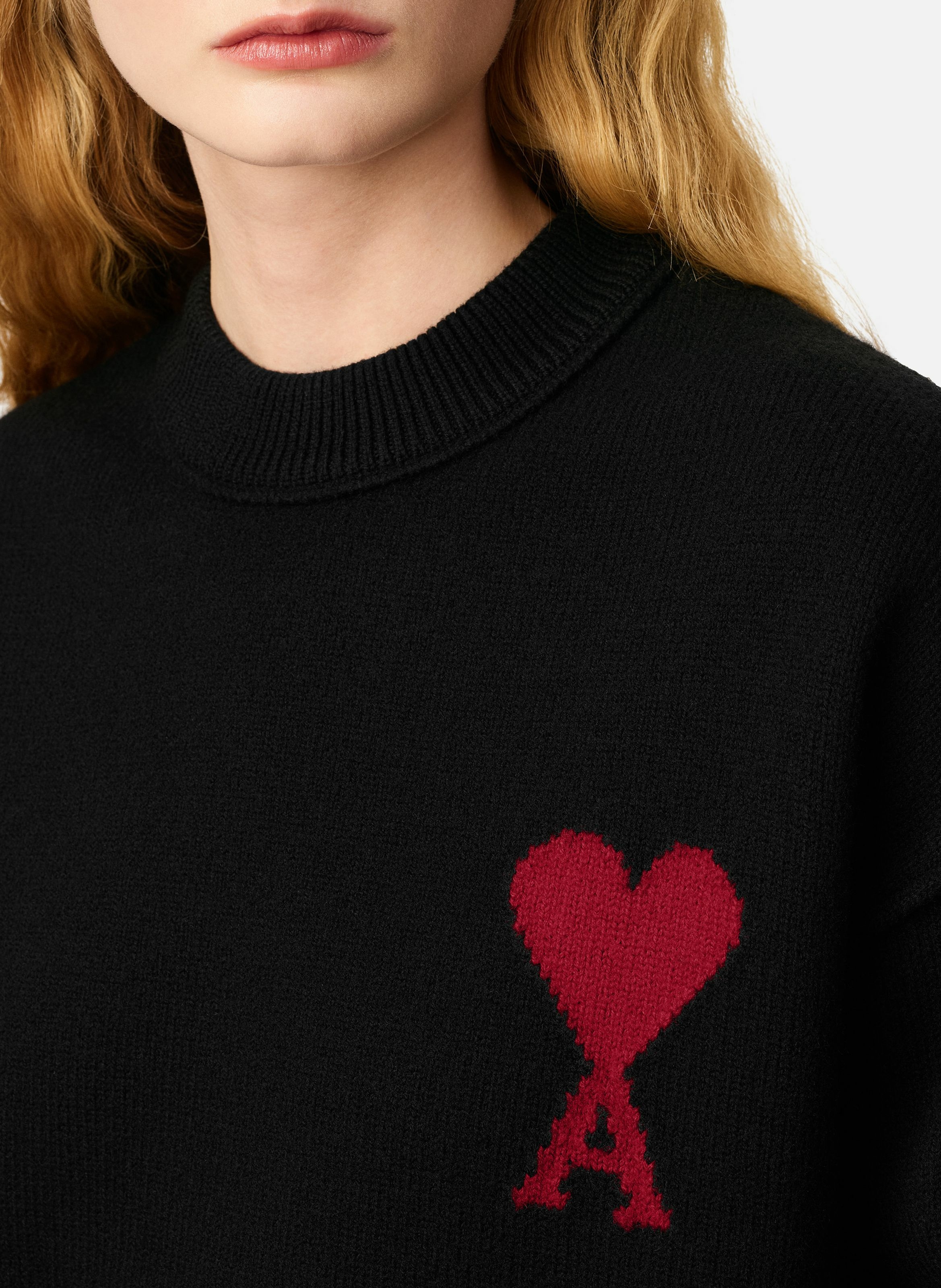 Pull col rond ami de coeur en laine unisexe AMI PARIS Noir