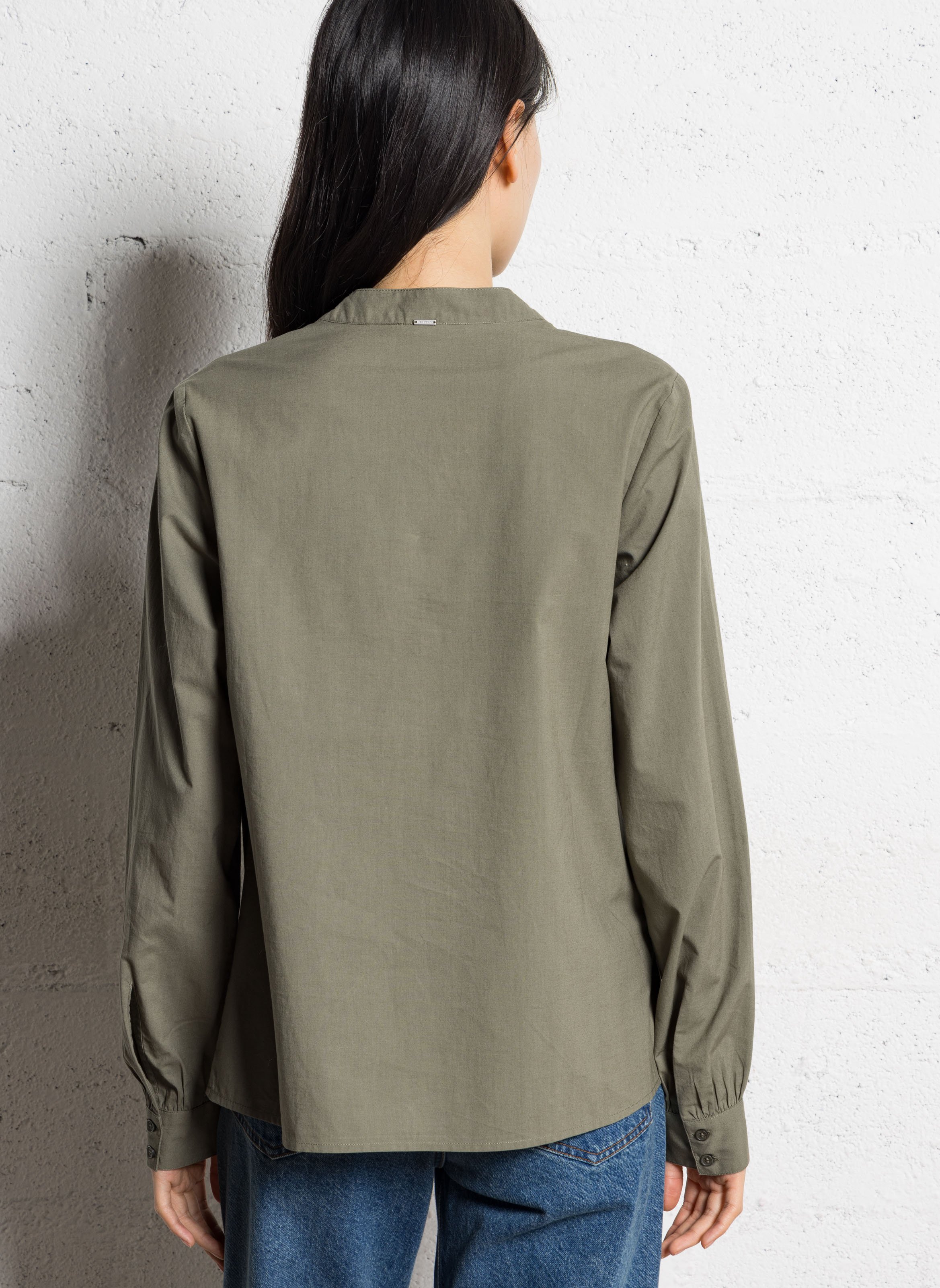 Blouse oversize col v en coton brodé IKKS Kaki