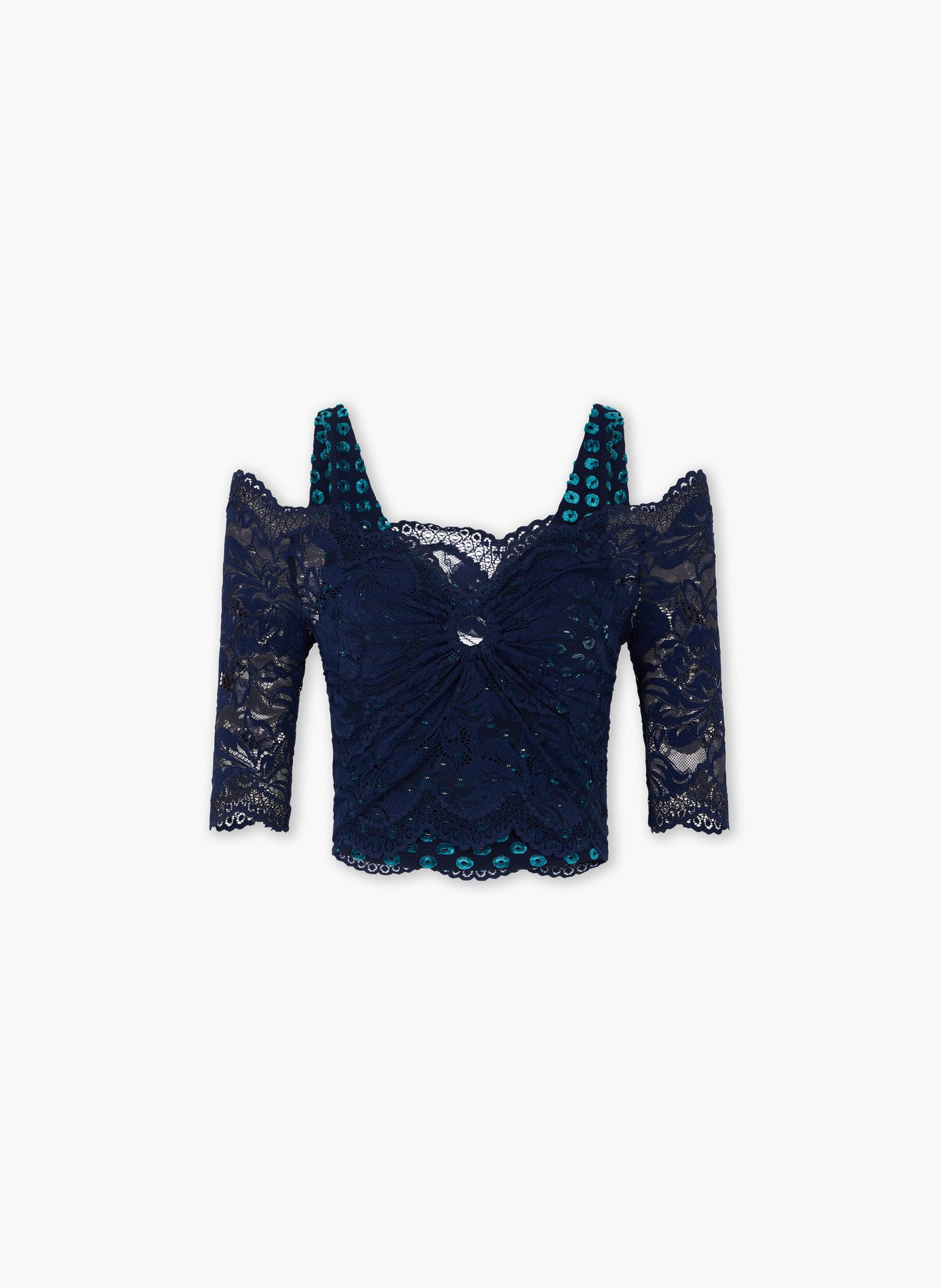 Top trompe-l'œil en dentelle à manches courtes RABANNE Bleu