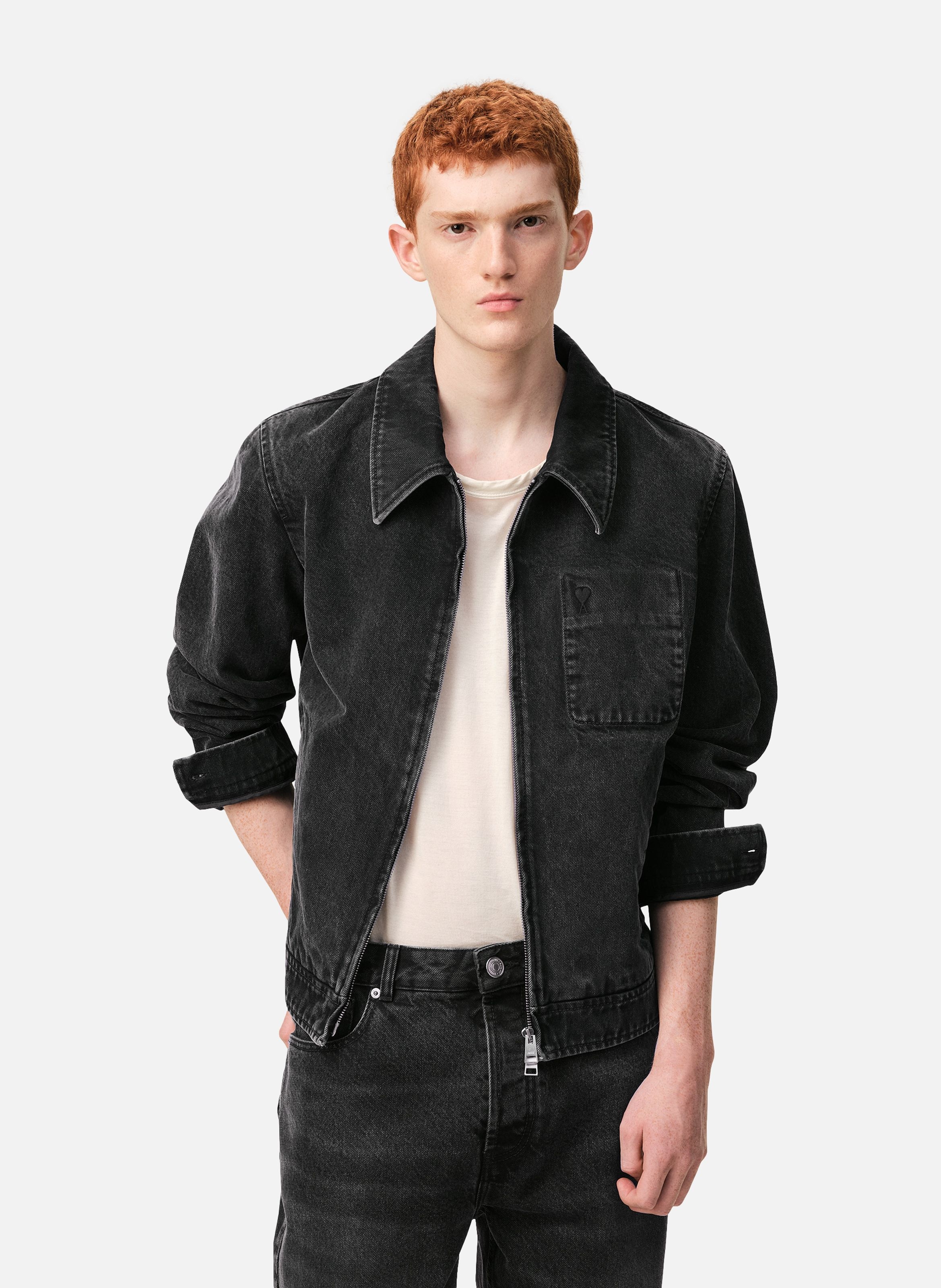 Blouson zippé ami de coeur ton sur ton en coton AMI PARIS Gris